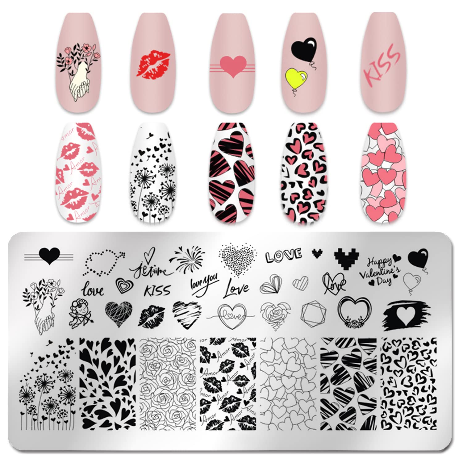 6-Piece Valentine's Day Nail Stamp Kit - Heart Nail Art Stamping Plates, Stencils & Polish Tools for Acrylic Nails | DIY Holiday Nail Designs for Parties, Gifts & Romantic Dates