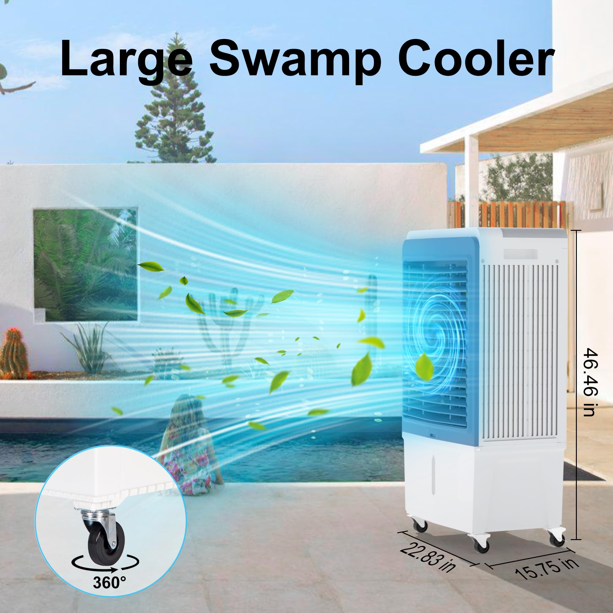 6000CFM Evaporative Air Cooler with 13.5-Gallon Water Tank - Portable Swamp Cooler with Silver Ion Technology, Water Level Alarm & 12H Timer - Indoor Outdoor Cooling for Garage, Patio, Workshop, and Home Use (47 Inches)