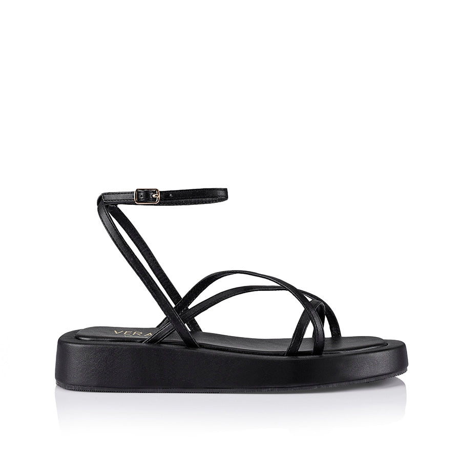 Bondi Flatform Sandals for Women - Black Smooth Leather Summer Slide Sandals | Comfortable Beach Walking Shoes for Vacation, Poolside & Casual Outings
