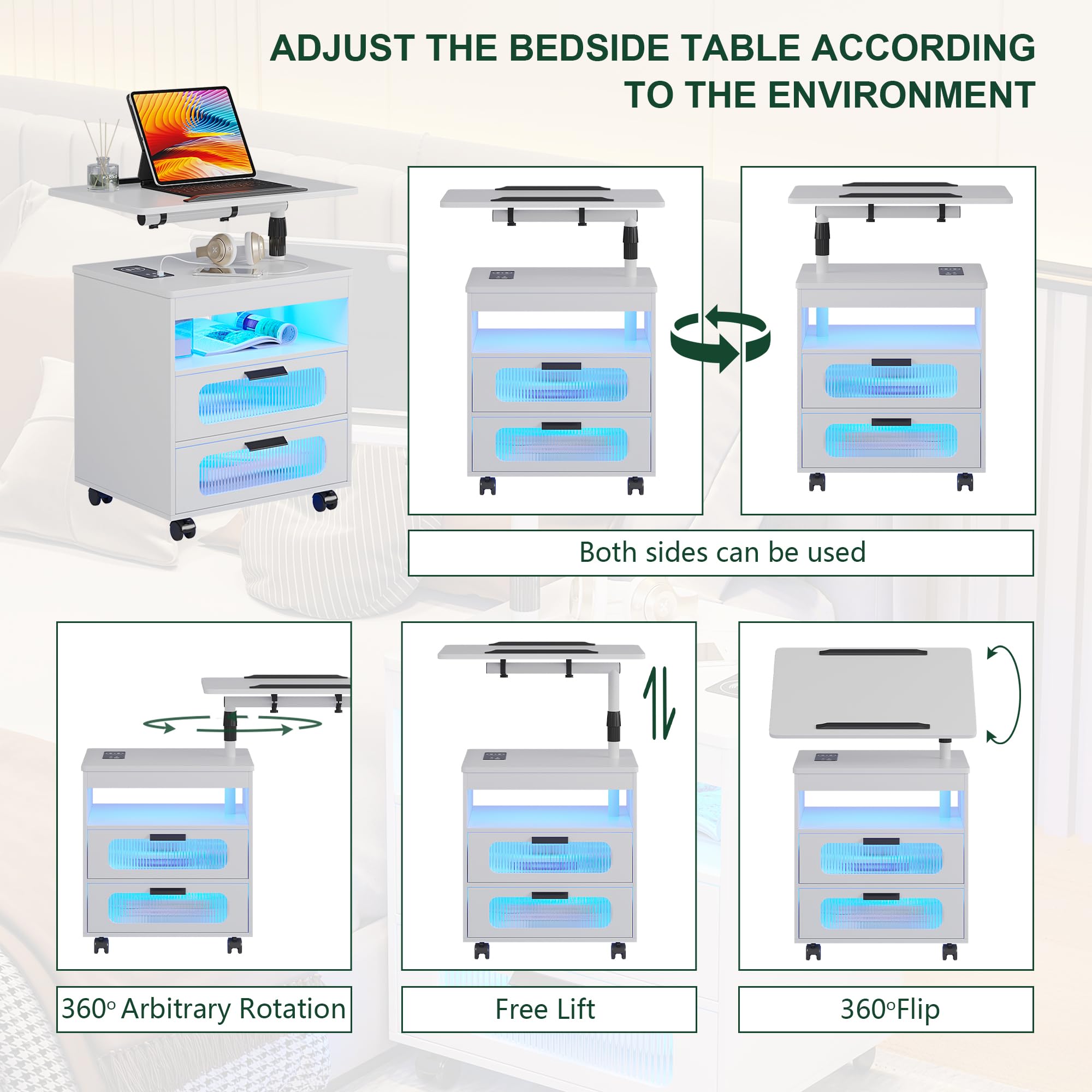 HNEBC Modern Nightstand with Wireless Charging Station & LED Sensor Light - Adjustable Rotary Workstation, 2 Storage Drawers, Bedside Table for Bedroom - Perfect for Smart Home, Apartment, Dorm Room (White)