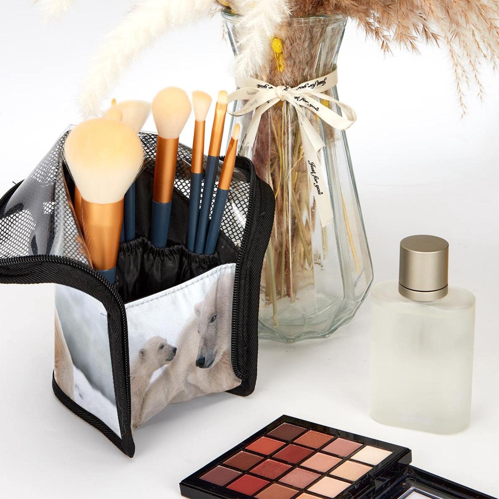 12-Piece Makeup Brush Organizer Bag with Winter Snow Polar Bear Design - Portable Travel Cosmetic Brush Holder Case for Professional Artists & Beginners - Perfect for Home, Travel, and Makeup Studio Use