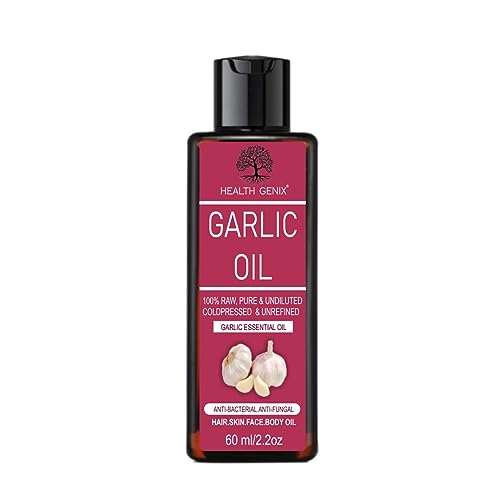 **Healthgenix Pure Garlic Essential Oil 60ml with Free Rose Water 60ml - Therapeutic Grade for Skin Infections, Cold & Cough Relief, Acne & Scar Treatment - Perfect for Aromatherapy, Hair & Skin Care at Home**