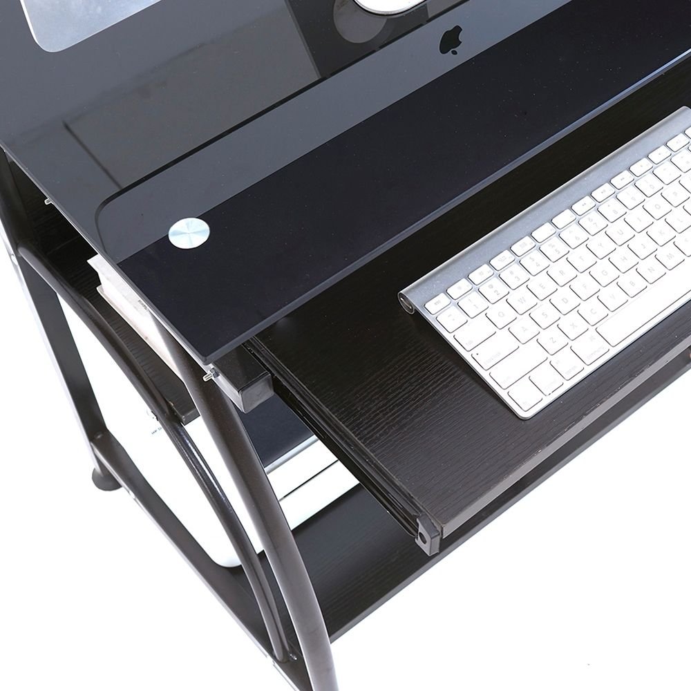 FCH Small Computer Desk with Keyboard Tray & Storage Shelves - Sturdy Steel Metal Standing Desk with Tempered Glass Top for Home Office, Gaming Setup & Workspace - Black Modern Workstation for Small Spaces