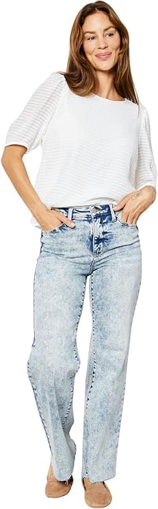 Judy Blue High Waist Mineral Wash Raw Hem Wide Leg Jeans for Women 88828-9 - Comfortable Stretch Denim Pants for Casual Wear, Work & Weekend Outfits