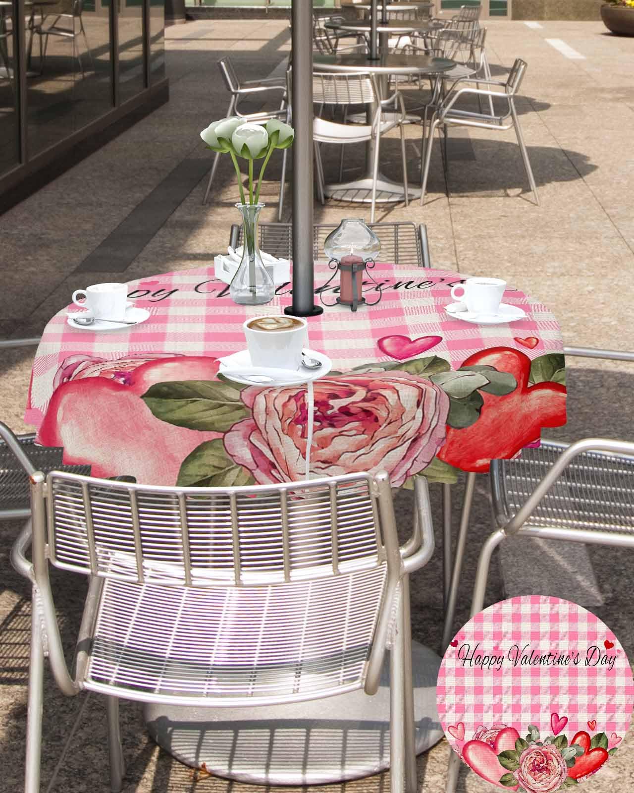 Valentine's Day Waterproof Round Tablecloth 60 Inch - Pink Red Heart Plaid Outdoor Table Cover with Umbrella Hole & Zipper for Picnic, Party, Garden, and Patio Use