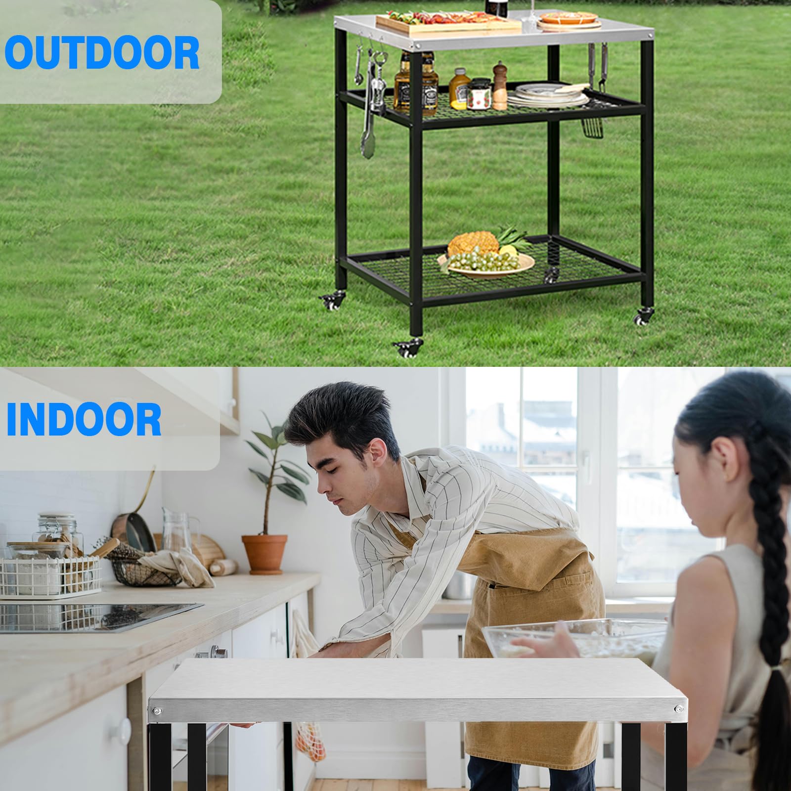 **Stainless Steel Outdoor Pizza Oven Stand with Wheels - 80x60x90cm BBQ Grill Cart for Kitchen, Patio, Backyard & Garden - Perfect for Pizza Making, Food Prep & Outdoor Dining**