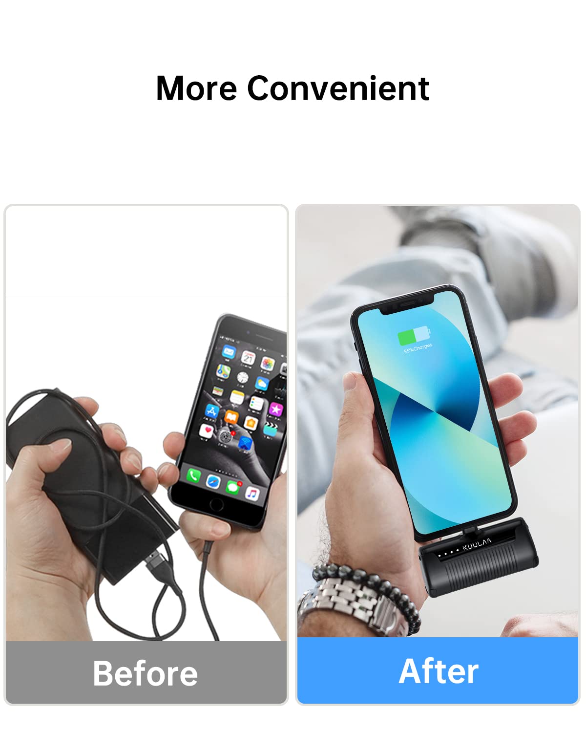 Kuulaa 4500mAh Portable Charger with Built-in Lightning Cable - Compact Power Bank for iPhone 14/13/12 Series (14 Pro/Pro Max/Plus) - Fast Charging External Battery for Travel, Camping & Emergency Backup (Black) | Perfect for Outdoor Adventures, Business Trips & Daily Commute