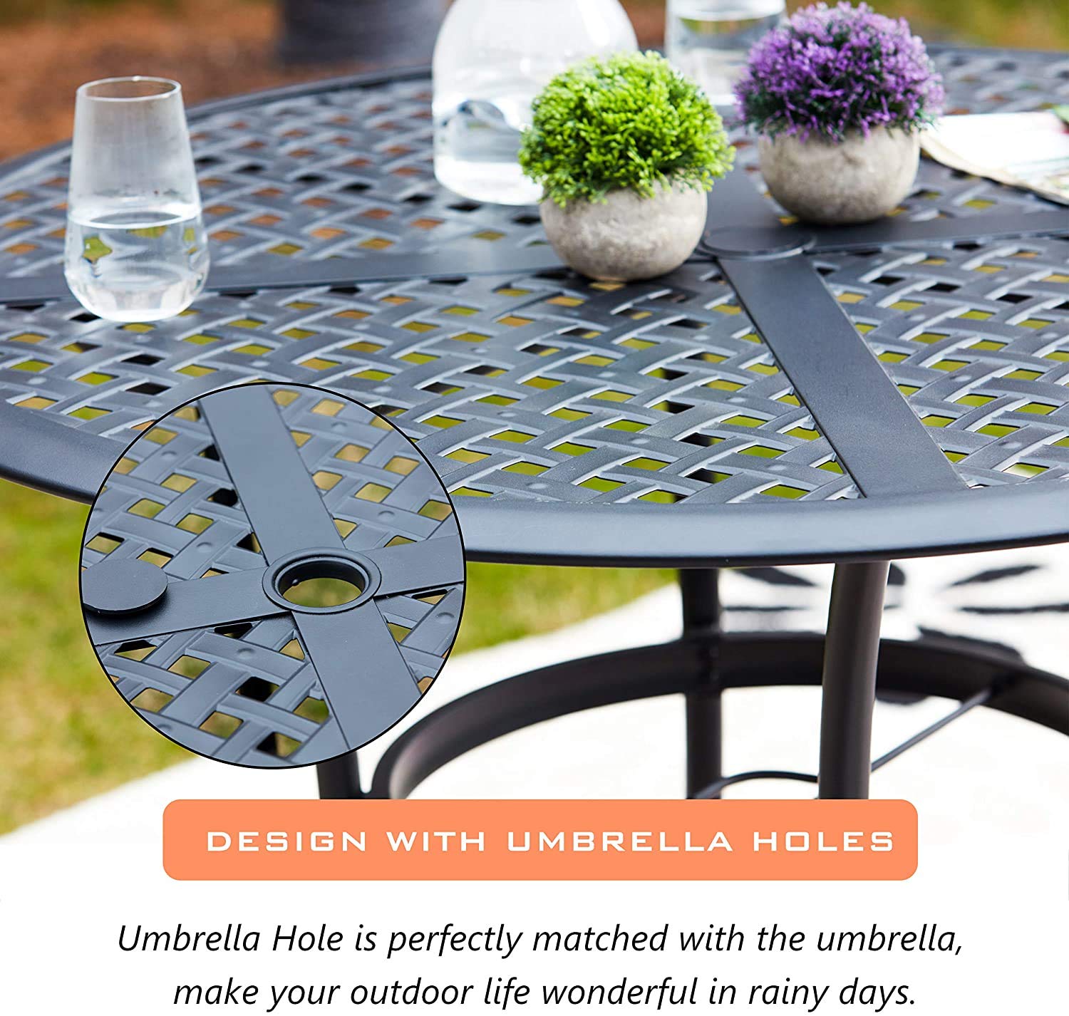 LOKATSE HOME 5-Piece Outdoor Patio Dining Set - Metal Table with Umbrella Hole & Cushioned Iron Chairs, Blue - Perfect for Backyard, Garden, and Poolside Relaxation