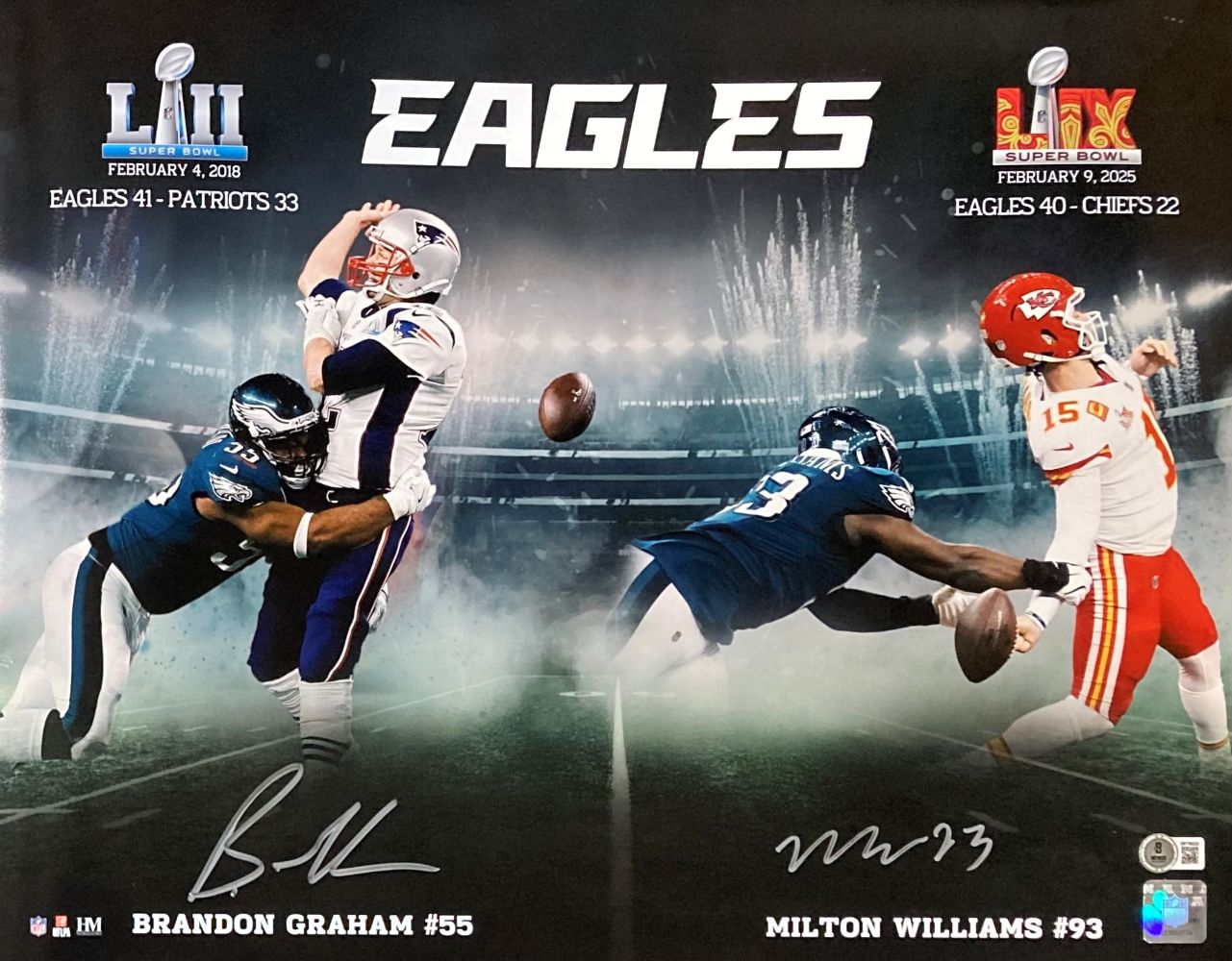 B Graham M Williams Signed 16x20 Eagles Super Bowl Strip Sack Collage Photo - Authentic Autographed NFL Memorabilia for Sports Fans & Collectors - Perfect for Man Cave, Game Room, or Office Decor