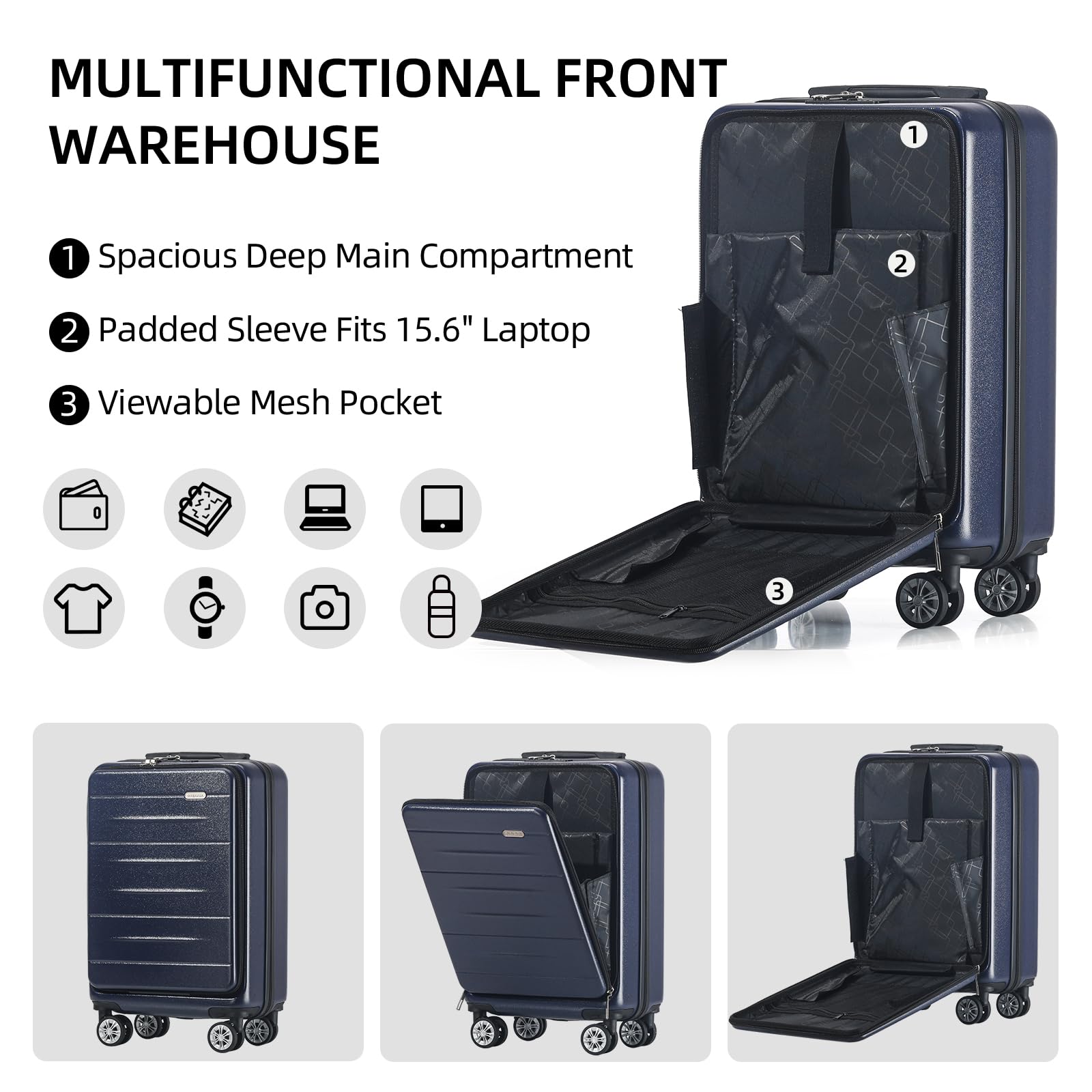 4-Piece Hard Shell Carry On Luggage Set with TSA Lock, Spinner Wheels & Front Opening - 20-28 Inch Suitcases for Travel (Dark Blue) | Perfect for Business Trips, Family Vacations & International Travel
