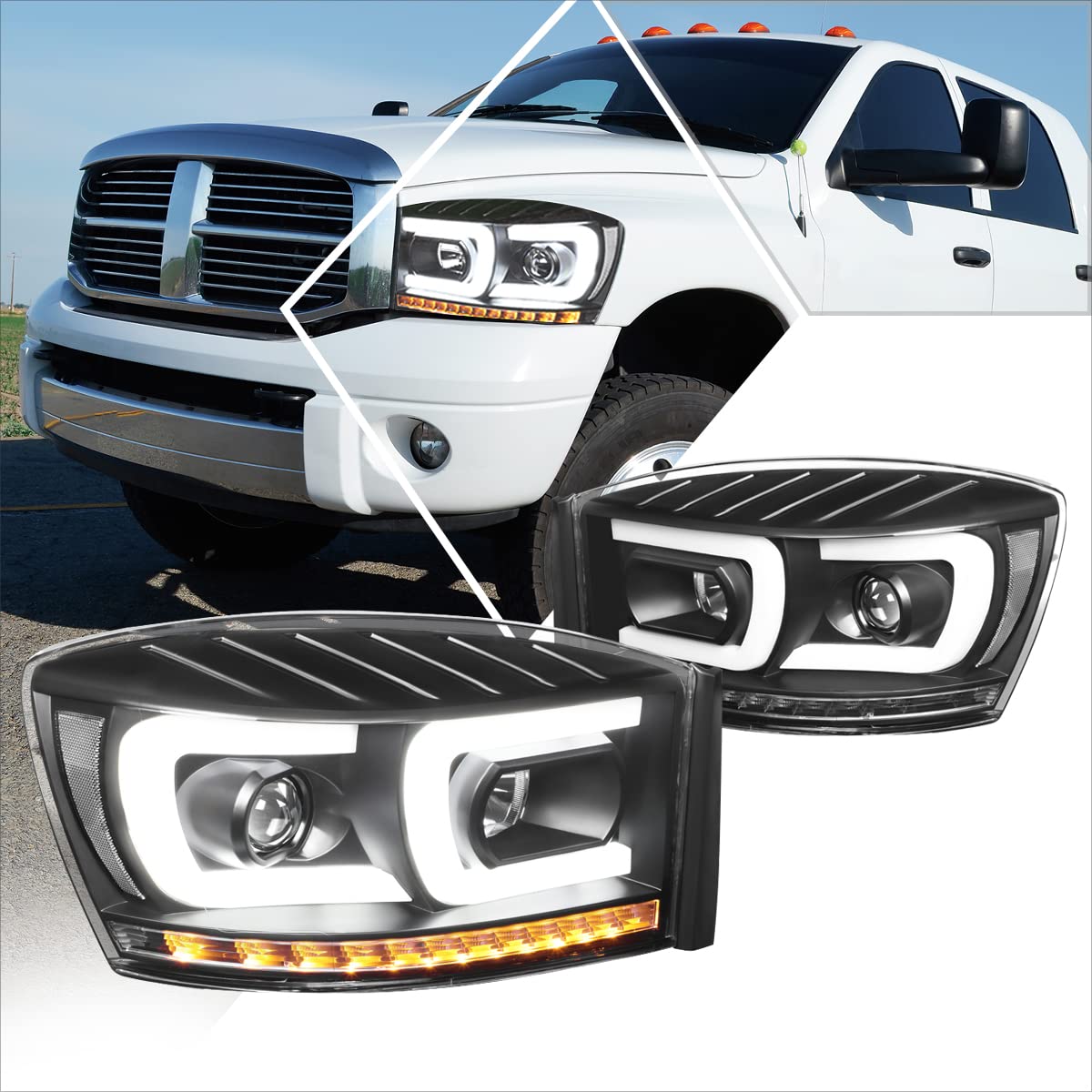 PM PERFORMOTOR C-Bar LED DRL Sequential Turn Signal Projector Headlights Assembly - Compatible with 2006-2009 Dodge Ram 1500/2500/3500 (Black Housing, Clear Lens) - Upgrade for Better Visibility & Style at Night Driving