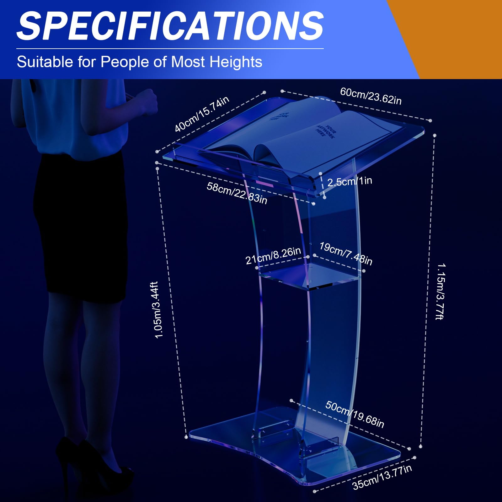 Acrylic Slanted Speaker Podium Lectern - Curved Plexiglass Transparent Pulpit for Church, Lectures, Recitals & Presentations | Perfect for Classrooms, Conferences & Worship Services
