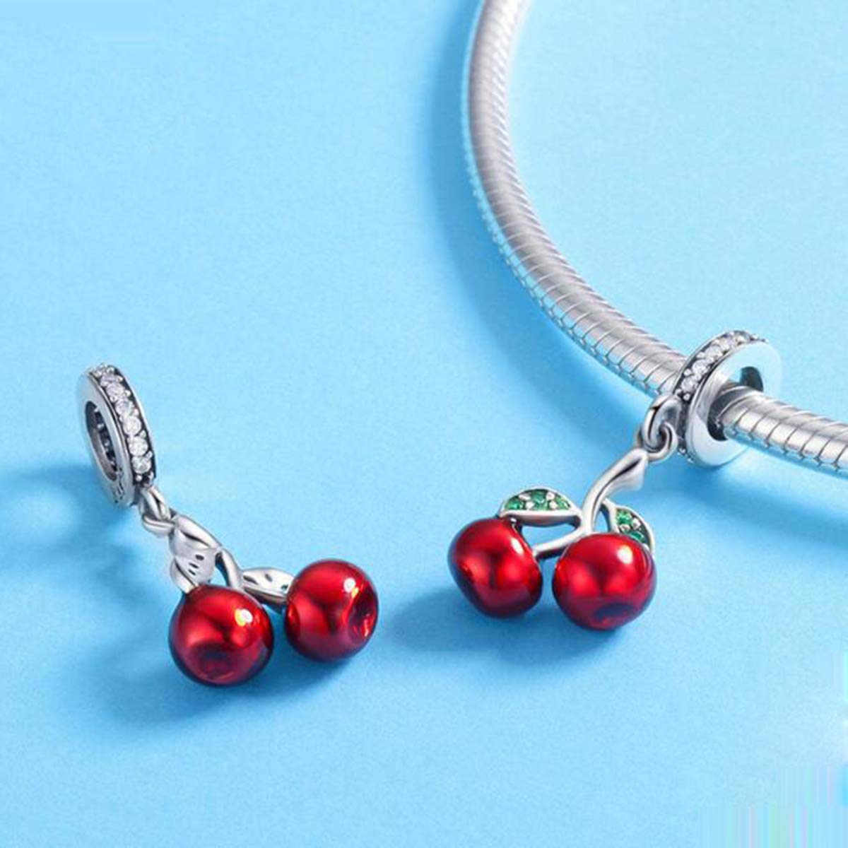 925 Sterling Silver Red Enamel Fruit Charm Bead for Pandora Bracelets - Christmas Gift, Party Jewelry & Everyday Wear