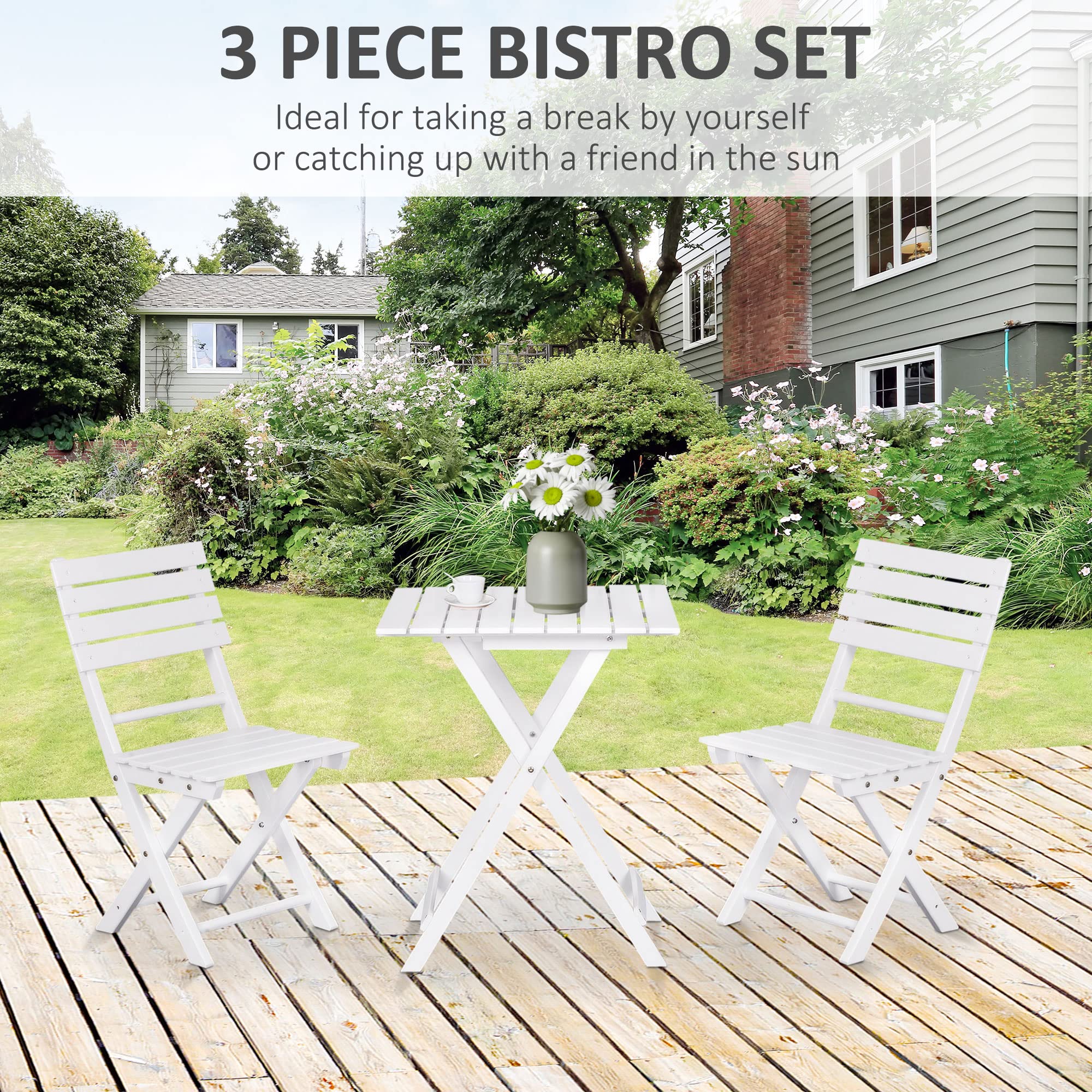 Outsunny 3-Piece Wood Folding Bistro Set with Square Table & Chairs - White Outdoor Patio Furniture for Backyard, Balcony, Garden & Small Spaces