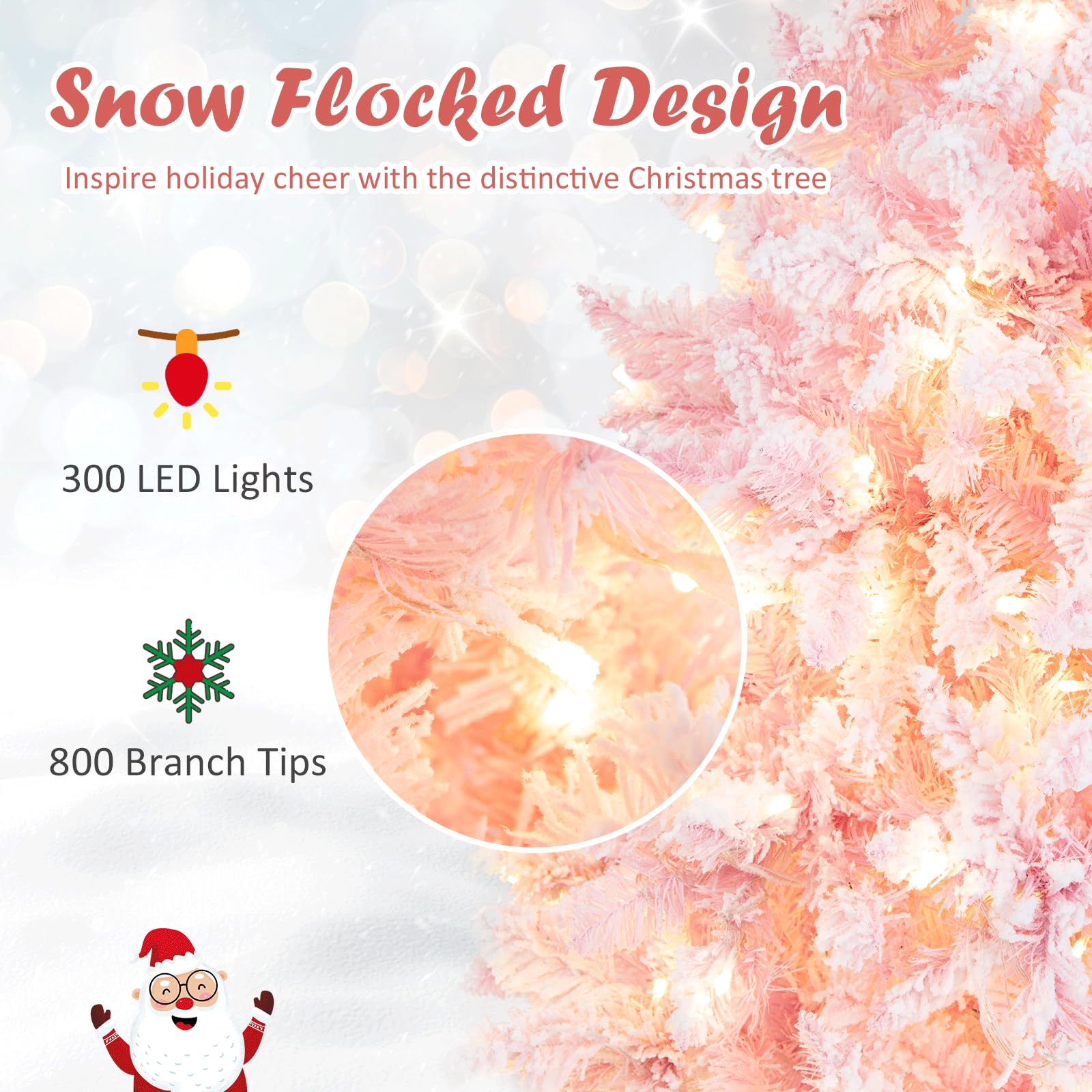 HAPPYGRILL 7FT Pre-Lit Pink Pencil Christmas Tree with Snow Flocked Artificial Slim Design - 800 Branch Tips & 300 LED Lights (8 Lighting Modes) - Perfect for Home, Office, and Holiday Decorations