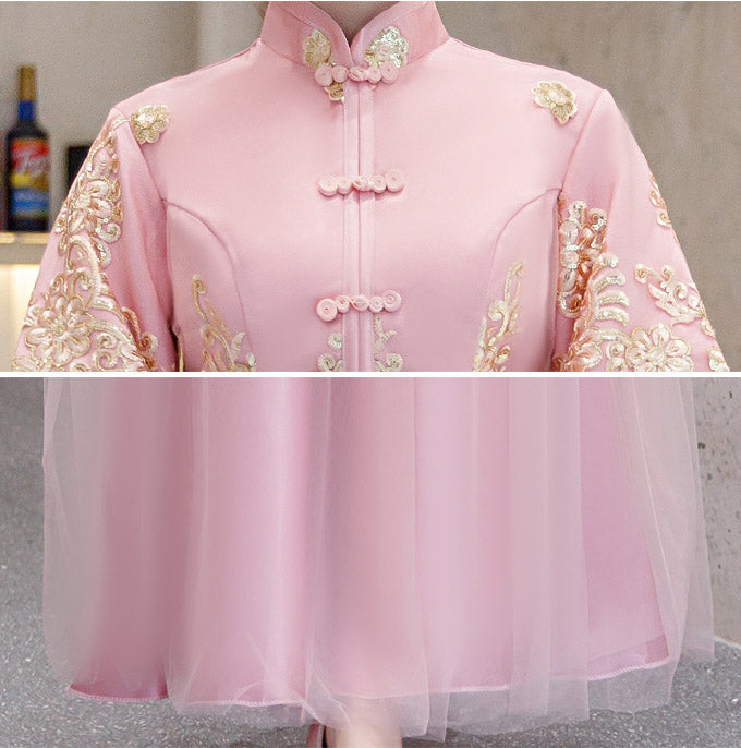 Elegant Pink and Gray Bridesmaid Dresses for Wedding - Traditional Chinese Xiu He Qun Kwa Outfit - Perfect for Bridal Party, Tea Ceremony, and Cultural Celebrations