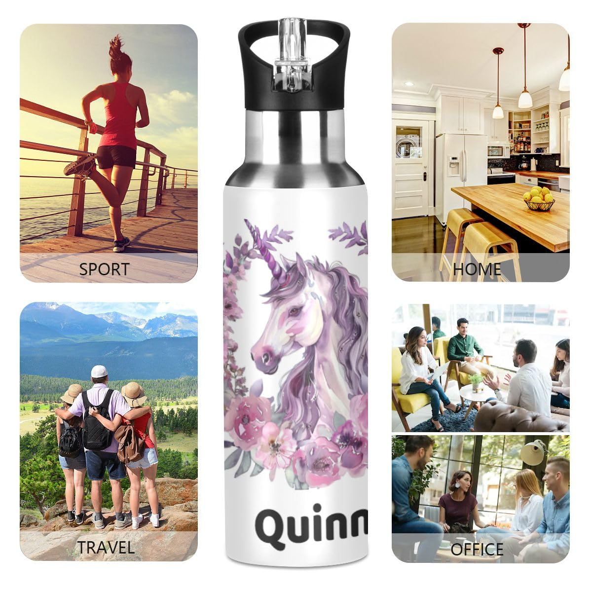 Personalized Floral Unicorn Stainless Steel Water Bottle 20 oz - Custom Name Insulated Double Wall Sport Flask for Kids, Gym, Hiking & Outdoor Activities