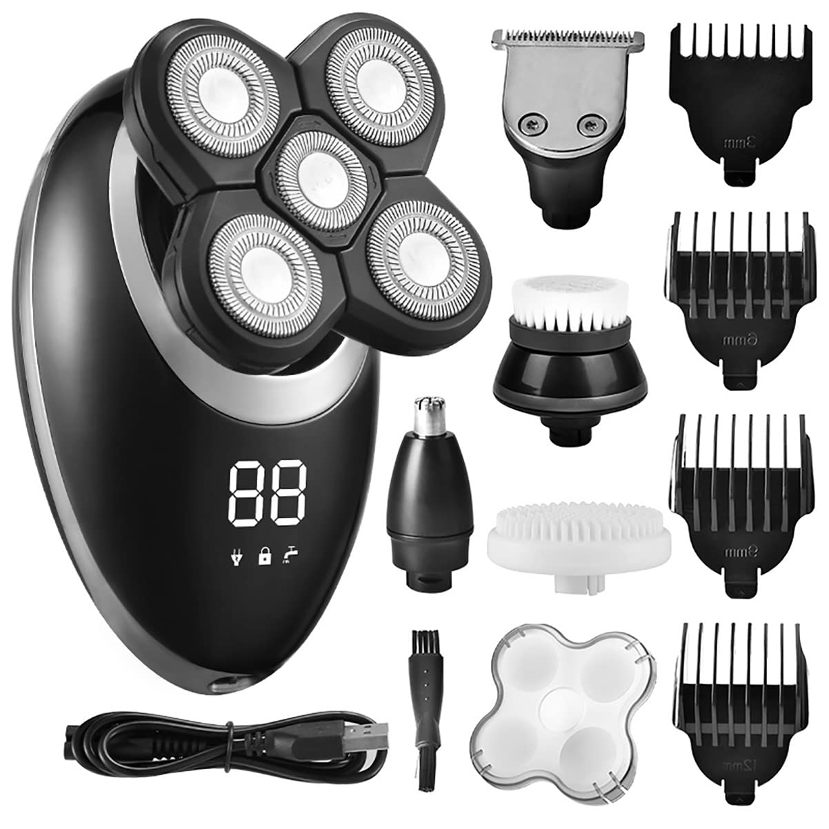5-in-1 Electric Razor for Men with 5D Floating Blades - Beard Trimmer, Shaver & Nose Hair Trimmer with LCD Display (Silver) - Perfect for Travel, Home Use & Grooming Gifts