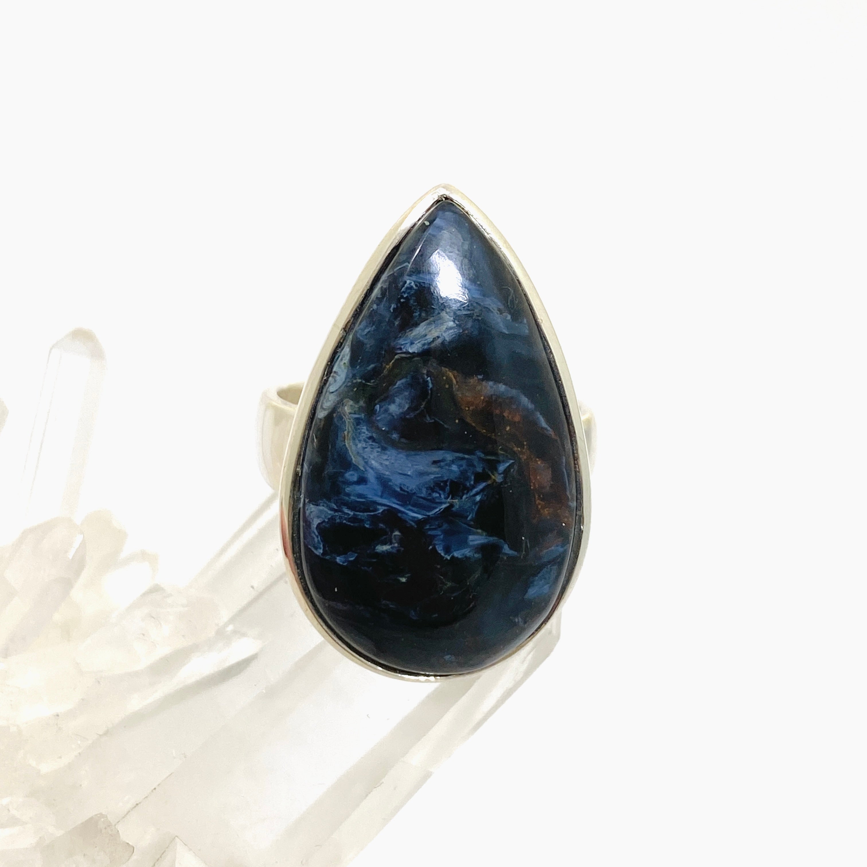 Pietersite Teardrop Cabochon Ring - Size 9.5 Sterling Silver Handmade Jewelry for Women - Perfect for Boho Fashion, Gift Giving & Special Occasions