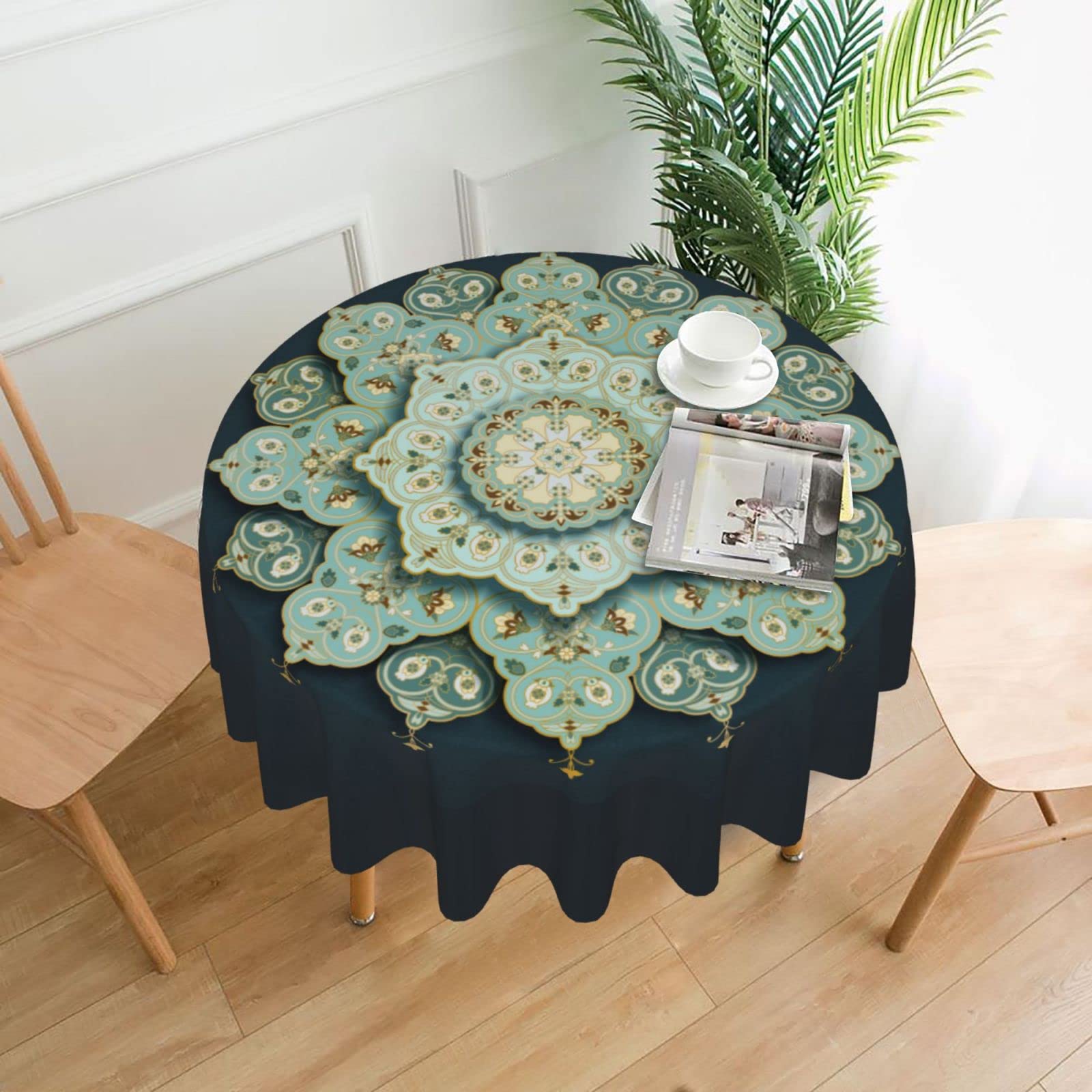 Light Turquoise Mandala Floral Round Tablecloth - 60 Inch Washable Polyester Table Cover for Kitchen, Party, Picnic & Dining Decor | Perfect for Boho Home Decor, Outdoor Gatherings & Special Occasions