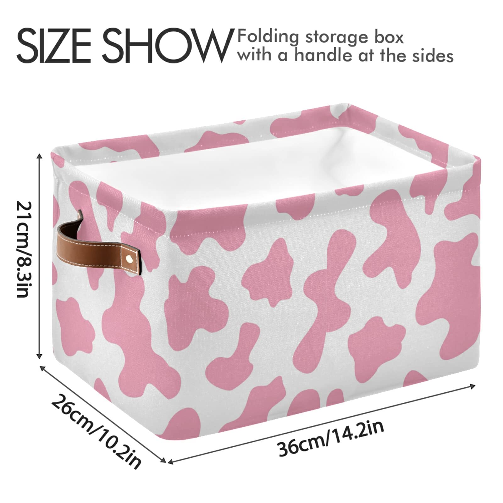 Pink Cow Collapsible Storage Basket with Leather Handles - Foldable Rectangular Storage Bin for Home Organization, Kids Room Decor & Nursery Storage | Perfect for Toys, Books, Blankets & Closet Organization