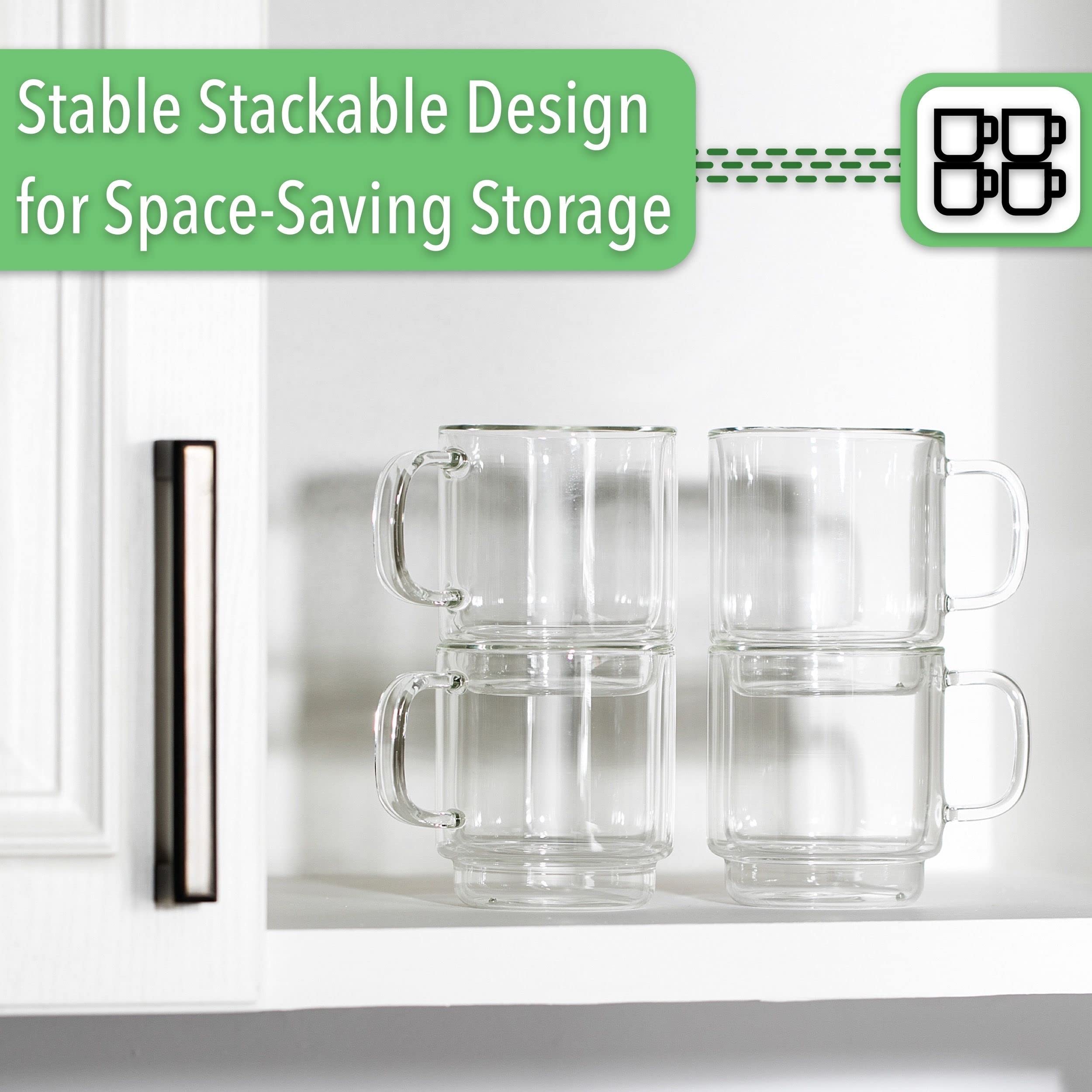 BTaT- 4-Pack Stackable Espresso Cups & Demitasse Cups - 5.0 oz (150ml) Double Wall Insulated Glass Coffee Mugs - Clear Tea & Espresso Glasses for Hot Beverages - Perfect for Home, Office or Café Use