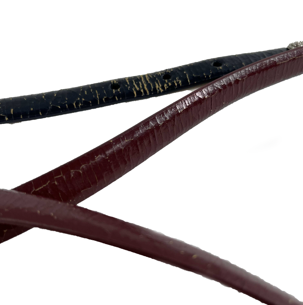 CHANEL B14A Dallas Double Buckle Leather Belt - Black & Burgundy Red, Size 90/36 | Luxury Fashion Accessory for Women, Perfect for Jeans, Dresses & Office Outfits