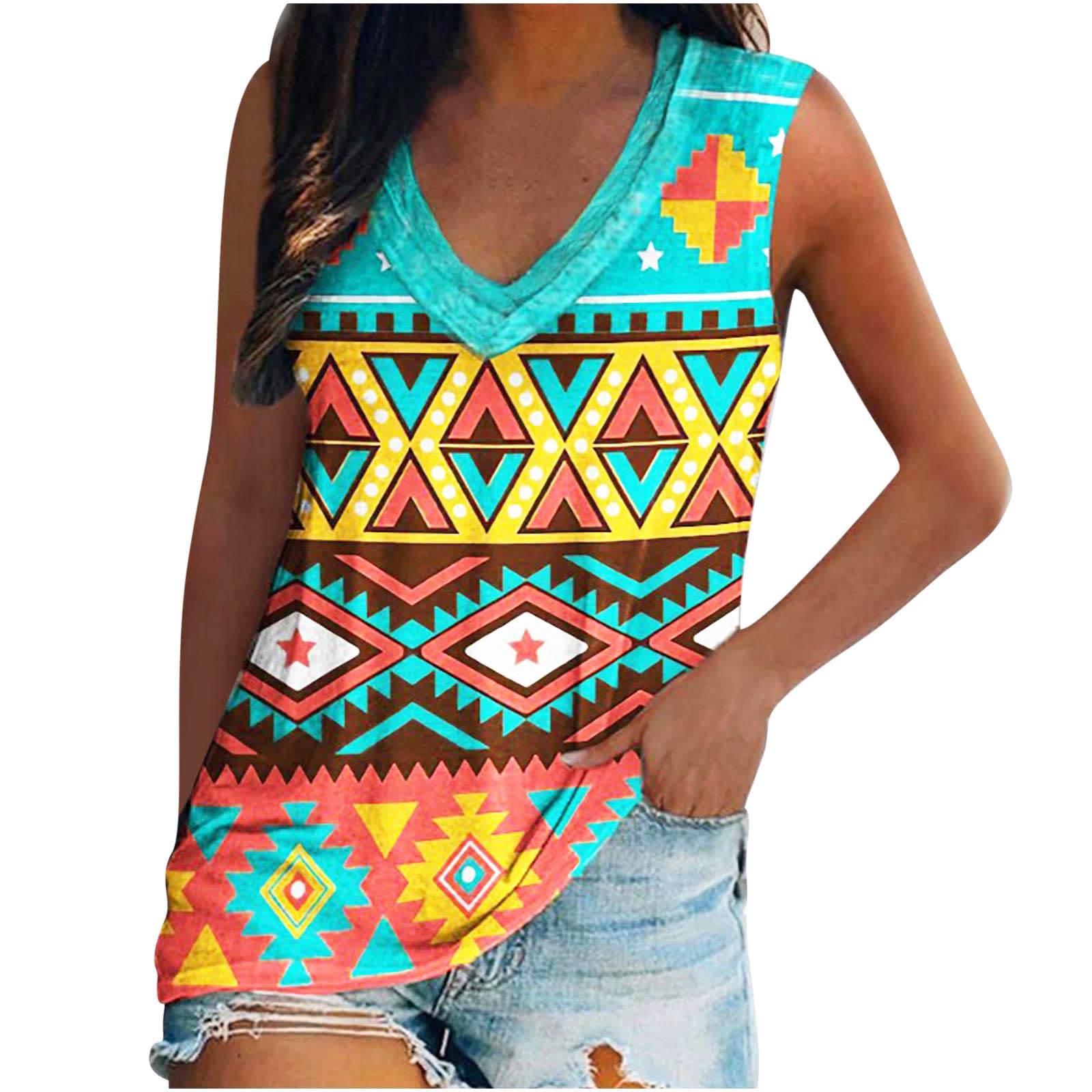 Women's V-Neck Tribal Print Sleeveless Top - Summer Loose Tee for Casual Wear