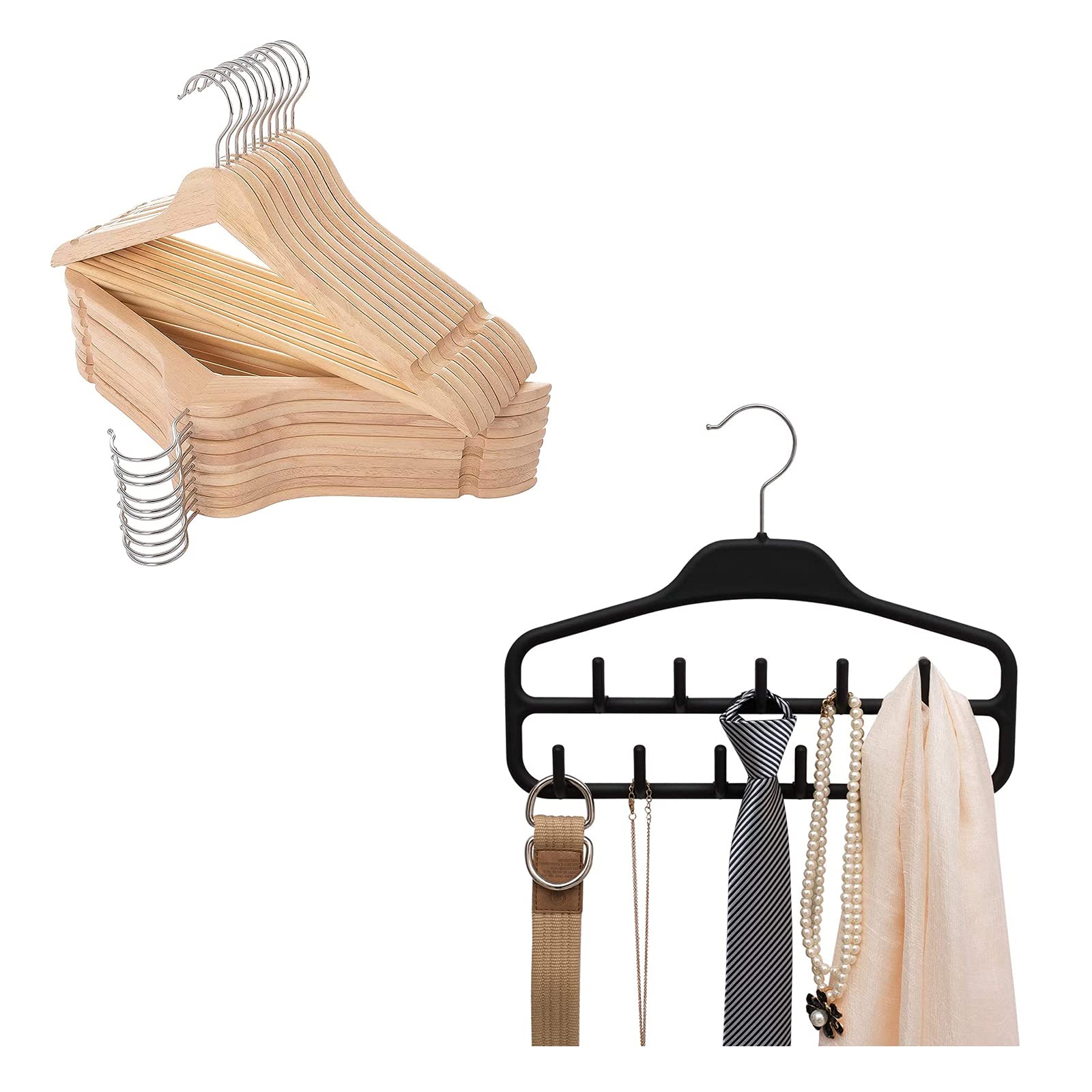 ELONG HOME 20 Pack Birch Wooden Hangers - Smooth Finish Coat Hangers with Notched Shoulders & Chrome Swivel Hooks, Includes 1 Belt Hanger Rack - Perfect for Closet Organization, Wardrobe Storage & Garment Protection