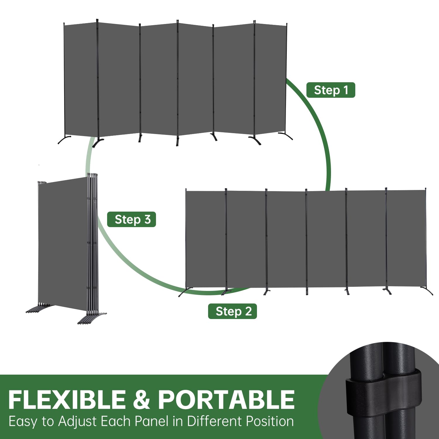 YASRKML 6-Panel Folding Room Divider Privacy Screen - Portable Freestanding Partition Panel with Fabric for Home & Office Separation - Grey | Ideal for Bedroom Privacy, Studio Dividers, and Open Space Organization