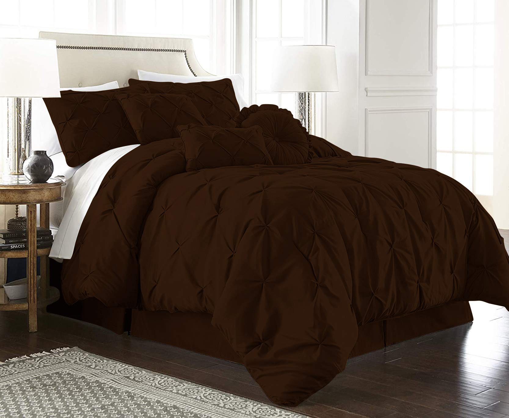 Premium 100% Egyptian Cotton 7-Piece Pinch Pleat Pintuck Comforter Set - 800 Thread Count Luxury Bedding (Twin XL, Chocolate Brown) for Master Bedroom & Guest Room Elegance