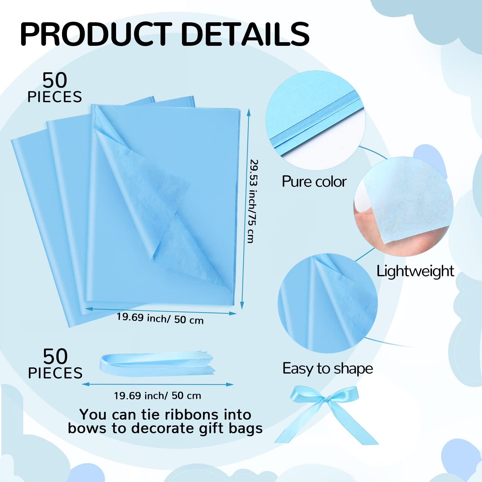 PerKoop 50 Pack Baby Shower Favor Bags with Handles - Bulk Blue Gift Bags for Guests, Includes 50 Sheets Decorative Tissue Paper - Perfect for Baby Showers, Gender Reveal Parties & Newborn Celebrations