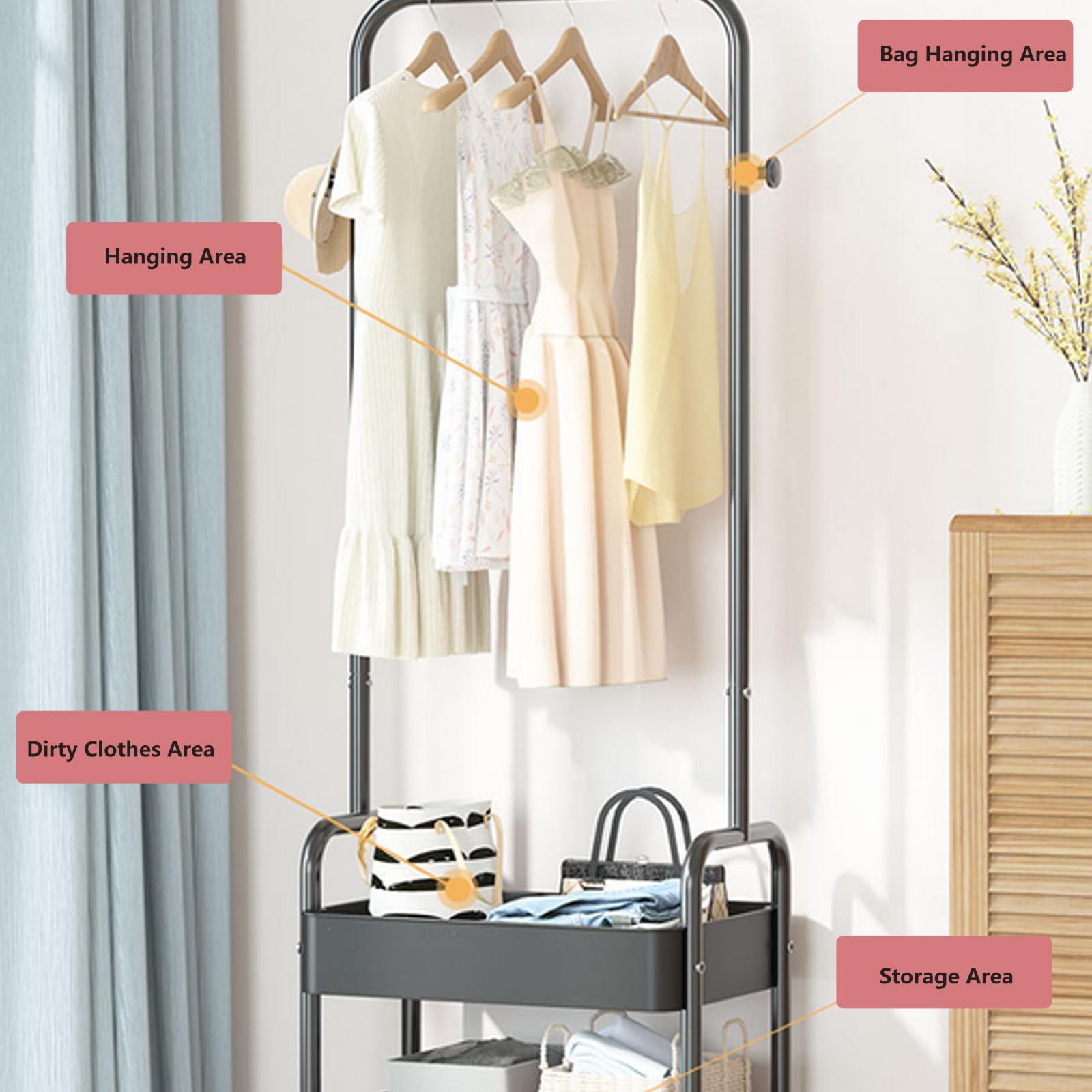 Modern 2-Tier Metal Garment Rack with Wheels - Heavy Duty Clothing Stand for Home, Wedding & Retail Stores - Black Dress Display Hanger with Storage Basket - Perfect for Bedroom Closet, Boutique Shop & Event Venues