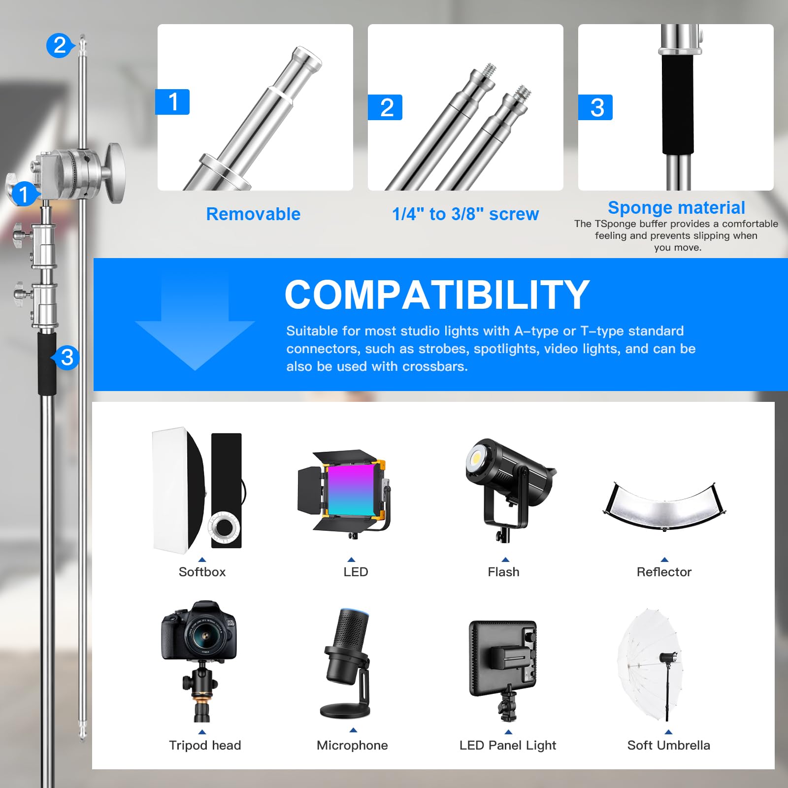 Soonpho 330cm Heavy Duty Stainless Steel C-Stand with 4.2ft Boom Arm - Professional Photography Light Stand for Studio, Reflectors & Softboxes - Spring Damping for Stable Shooting - Perfect for Video Recording, YouTube & Film Production (Silver)