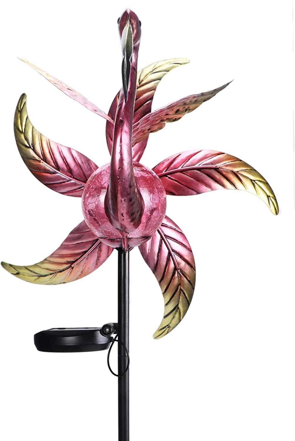 Solar Powered Wind Spinner - Metal Garden Stake with LED Light for Outdoor Yard, Pathway, and Patio Decor - Weather Resistant Wind Sculpture for Garden, Lawn, and Landscape Decoration (Red)