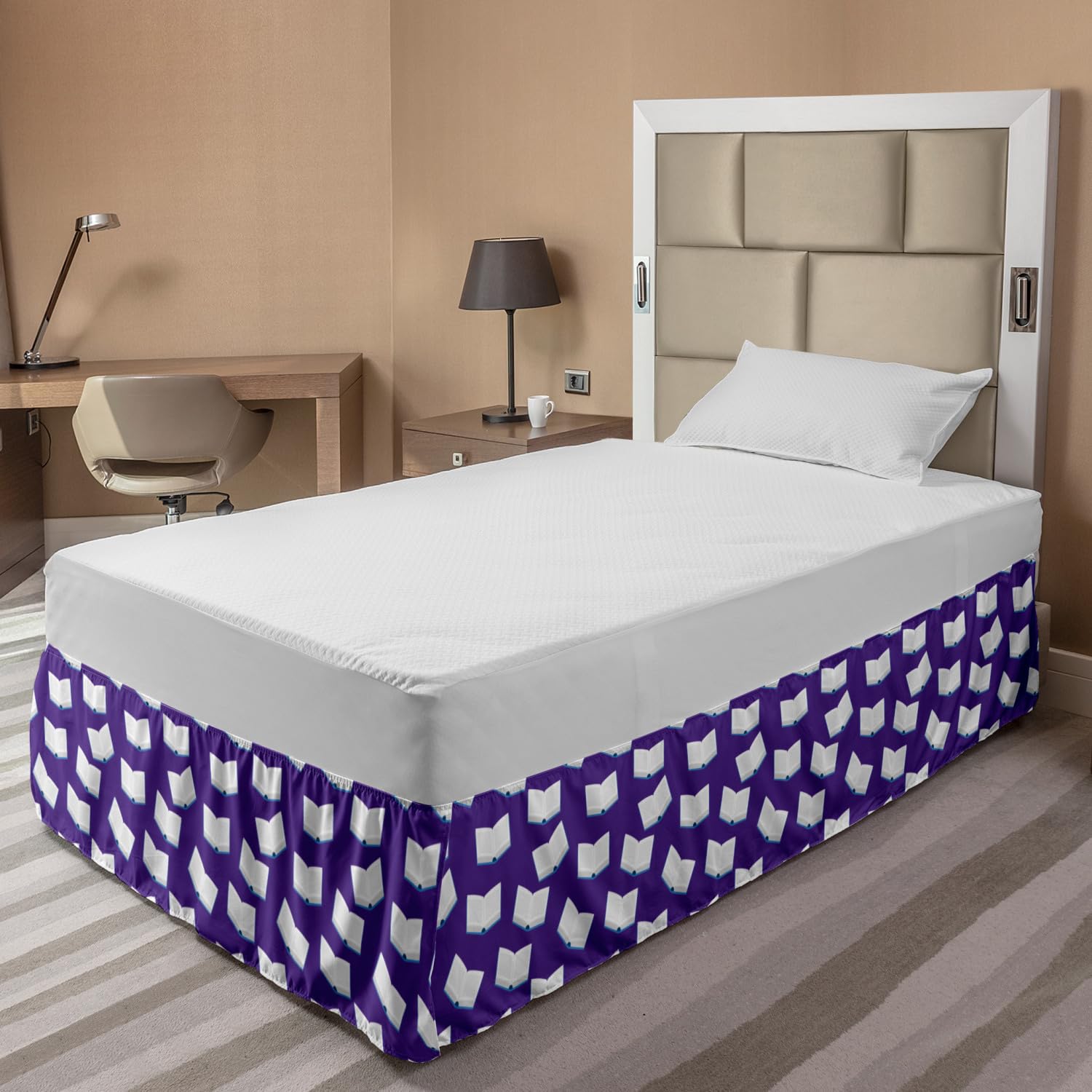 Ambesonne Elastic Bed Skirt with Open Books Design - Library Inspired Dust Ruffle Wrap for Twin/Twin XL Beds - Indigo White and Blue - Perfect for Book Lovers' Bedroom Decor & Reading Nook Styling