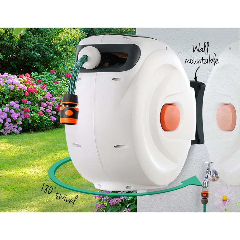 Greenfingers 10M/33FT Retractable Garden Hose Reel with Spray Gun - Automatic Rewind, Heavy Duty Water Hose for Lawn, Yard, and Car Washing