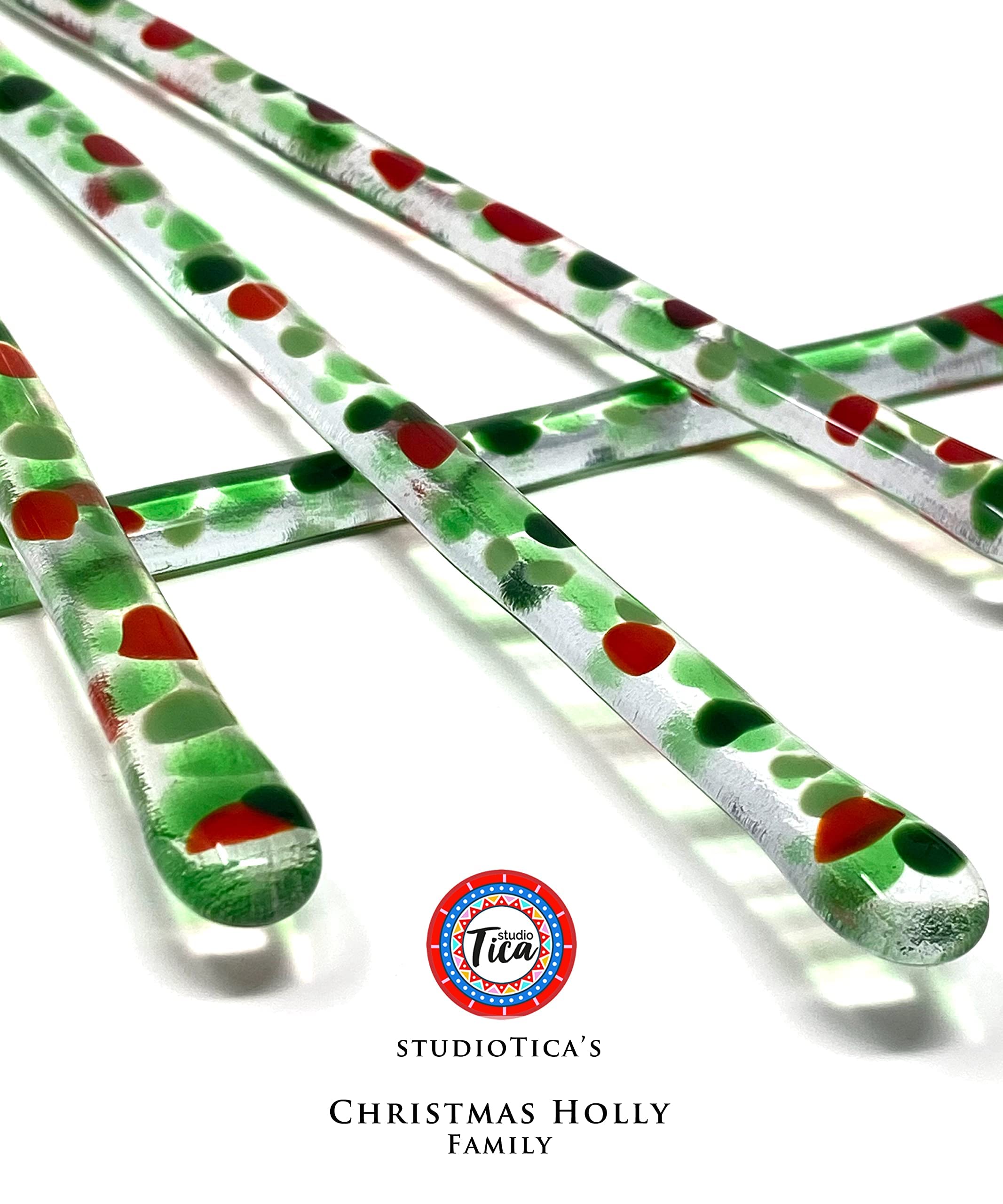 7.25 Inch Handmade Glass Stirrer Set of 4 - Christmas Holly Design - Perfect for Cocktails, Coffee & Hot Drinks - Elegant Gift Box Included - Ideal for Holiday Parties, Home Bars & Coffee Shops