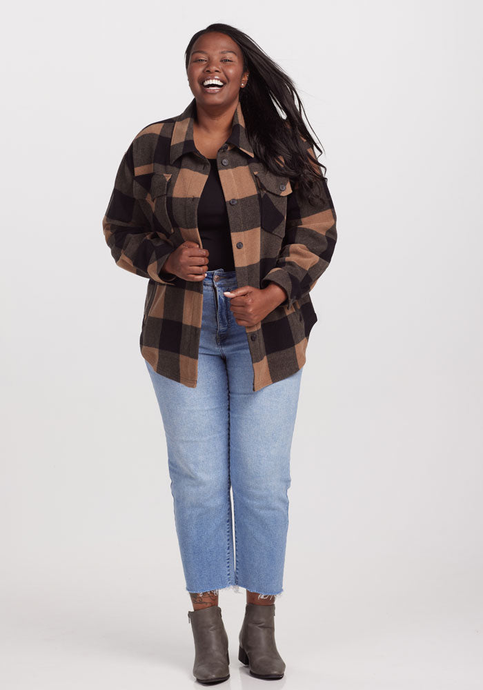 Sawyer Shacket - Camel Checkered Flannel Shirt Jacket for Men & Women | Cozy Fall & Winter Layering | Outdoor Hiking, Camping, Casual Wear
