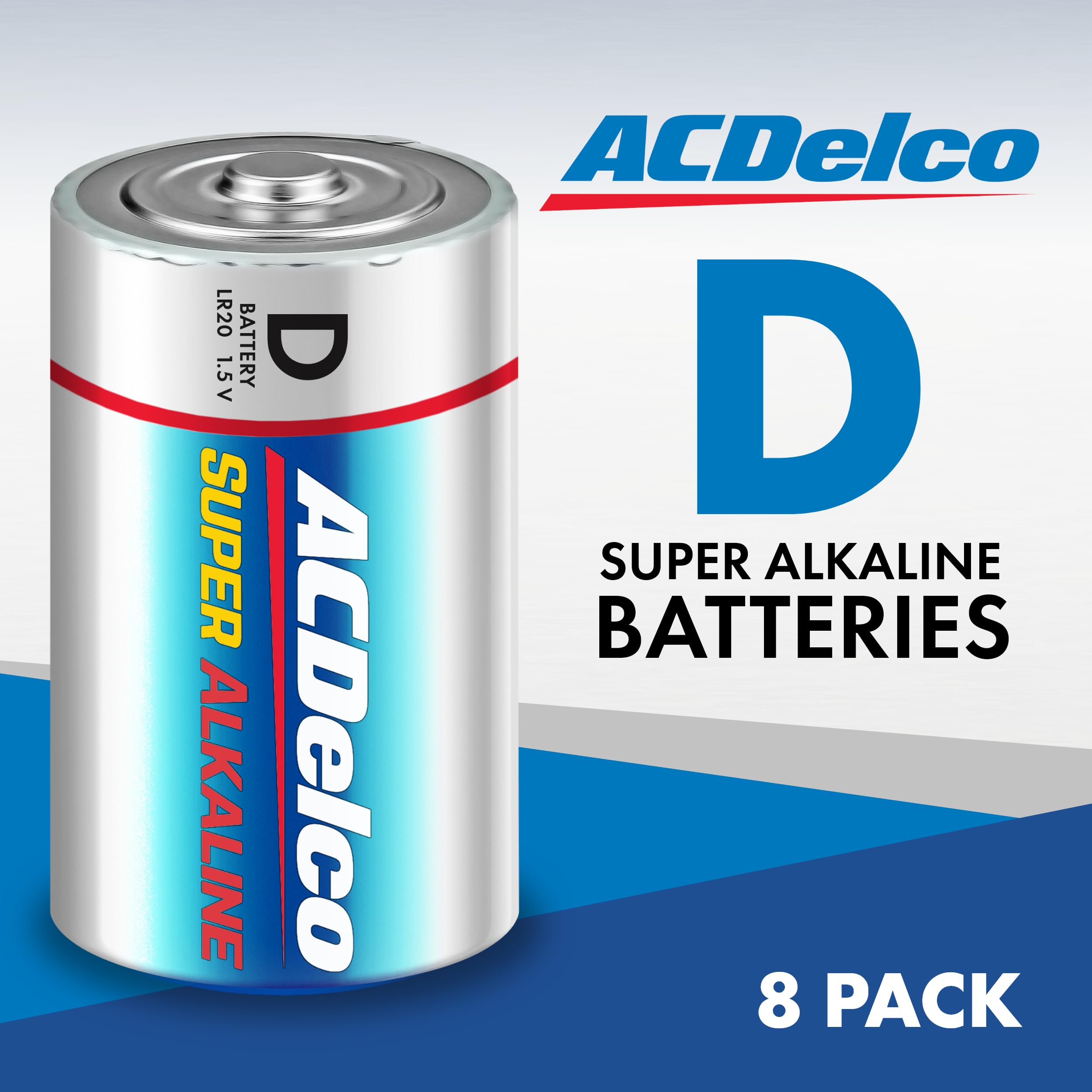 ACDelco 8-Pack Super Alkaline D Batteries - Long Lasting Power, 7-Year Shelf Life, Resealable Packaging - Ideal for Flashlights, Toys, and Emergency Kits