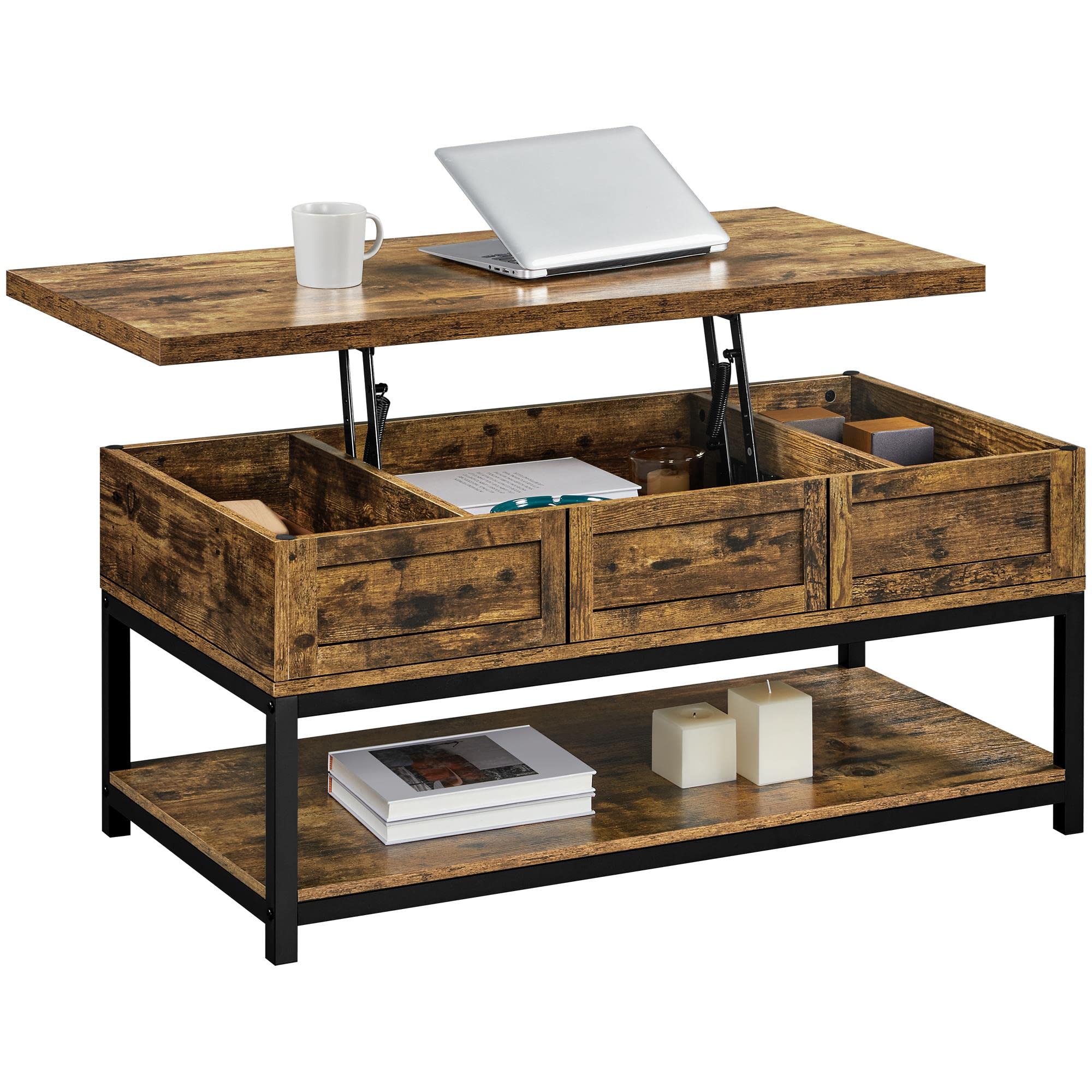 Yaheetech 40 Inch Lift Top Coffee Table with Storage - Rustic Industrial Design, Hidden Compartments & Shelf for Living Room, Reception, or Office - Rustic Brown Finish - Perfect for Small Spaces & Home Decor