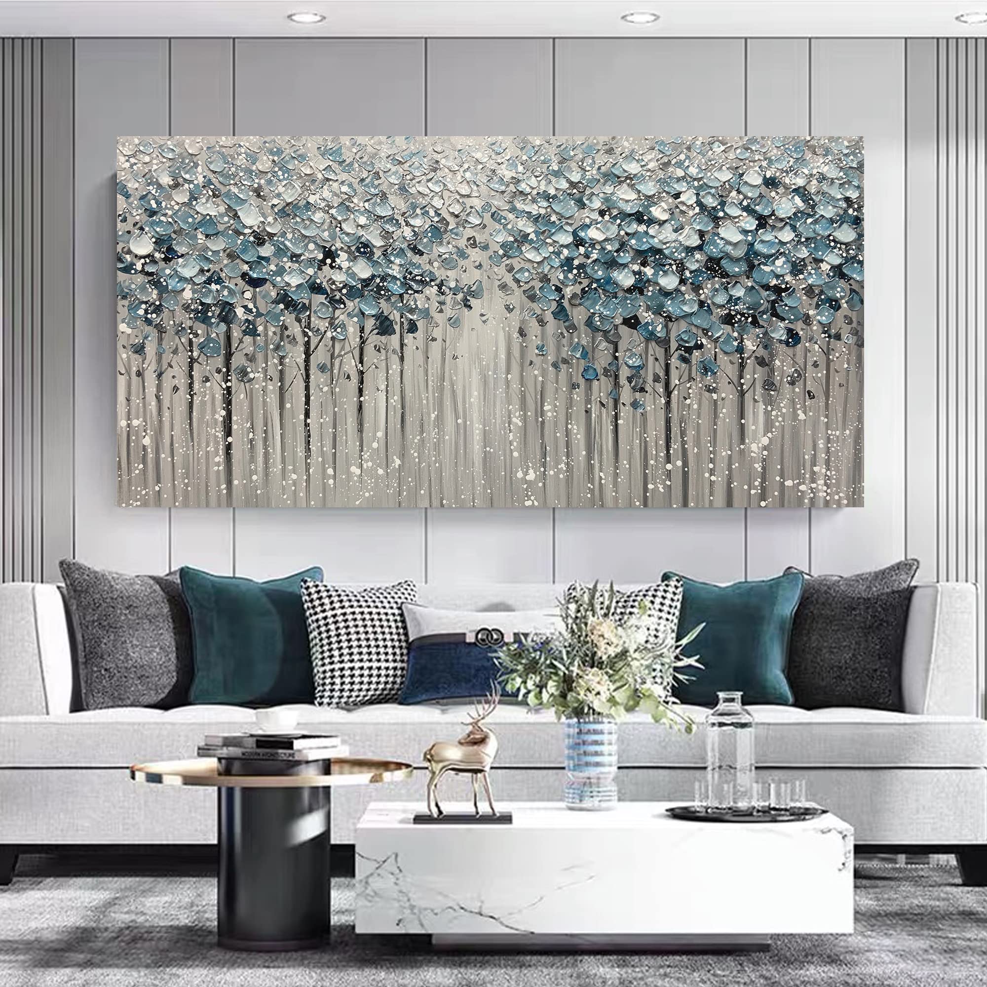 Yotree 24x48 Inch Blue Forest 3D Oil Painting on Canvas - Heavy Texture Acrylic Wall Art, Wood Framed & Ready to Hang - Perfect for Living Room, Bedroom, or Office Decor