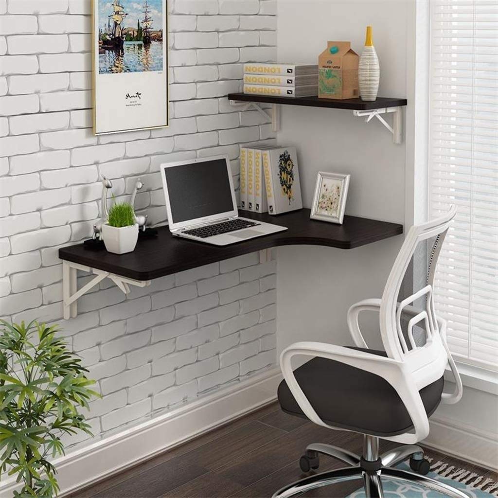 L-Shaped Drop Leaf Desk - Wall Mounted Folding Computer Desk & Dining Table | Space Saving Corner Workstation for Home Office & Small Apartments | Black