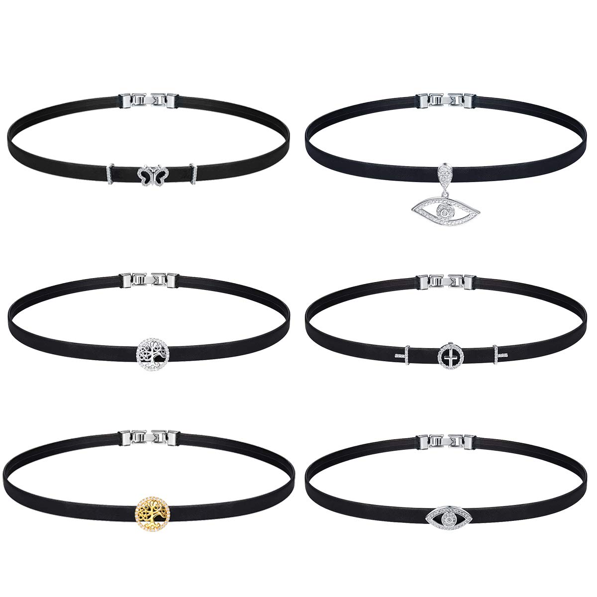 FOCALOOK Black Vintage Gothic Punk Leather Choker Necklace for Women - Short Chain with Cubic Zirconia Charms, Gothic Jewelry for Women | Perfect for Halloween, Cosplay, Punk Fashion & Night Out