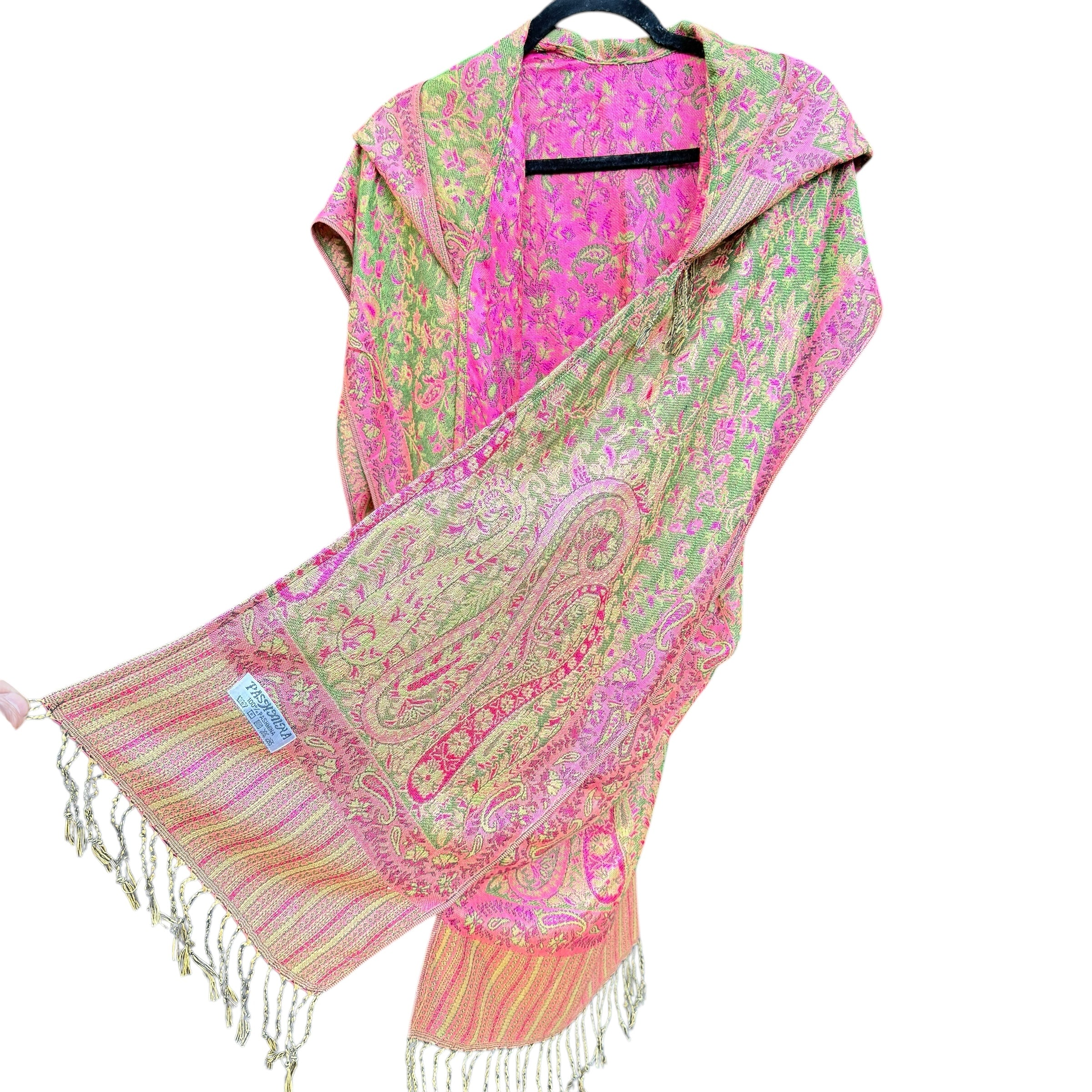 Pashmina Hooded Kimono - Soft Green & Pink Floral Print - Women's Lightweight Cover-Up for Beach, Yoga, and Lounge Wear