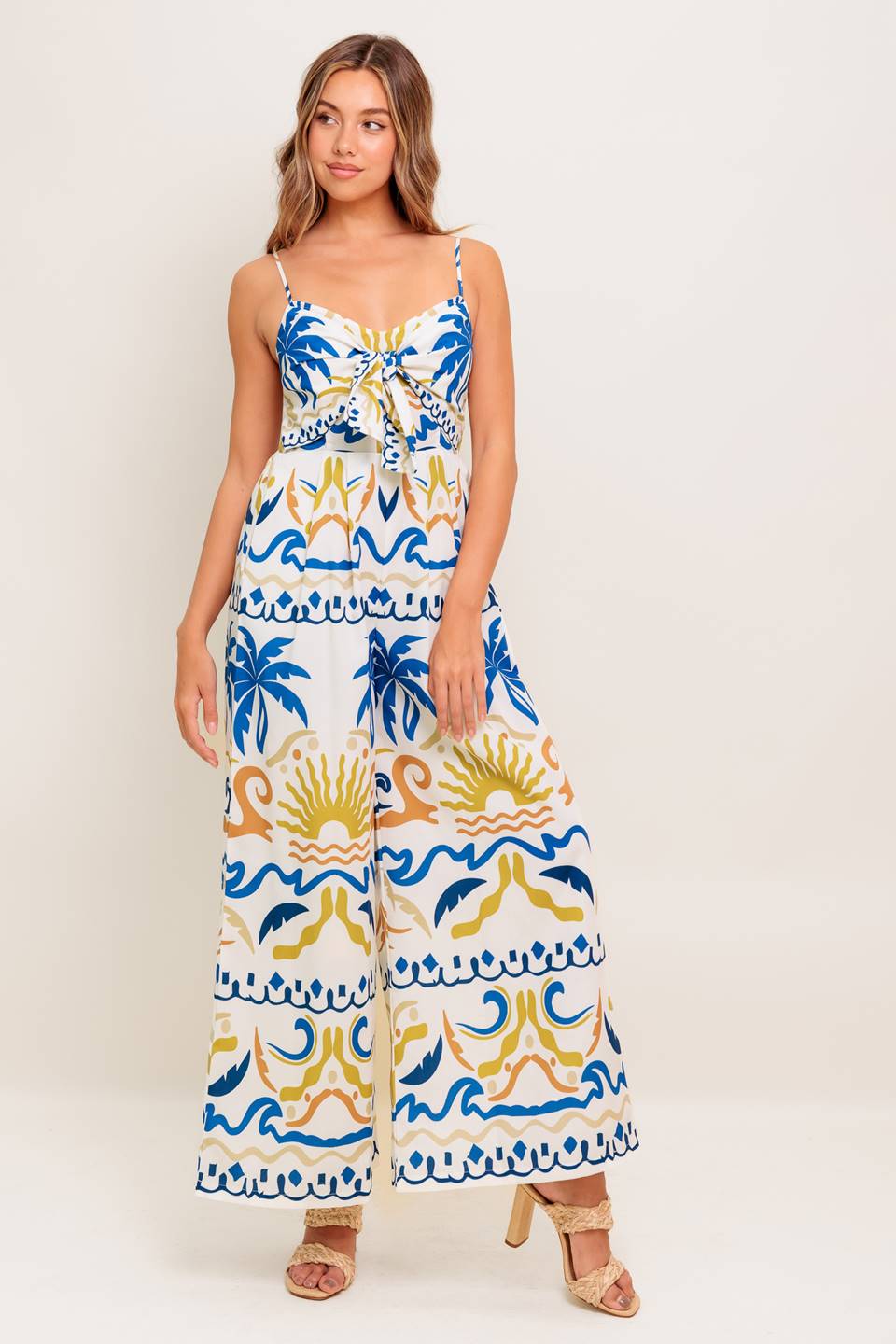 LIVANA CAMI JUMPSUIT for Women - Ivory & Blue Tropical Print Floral Romper - Perfect for Beach Vacation, Summer Outfits, and Casual Wear
