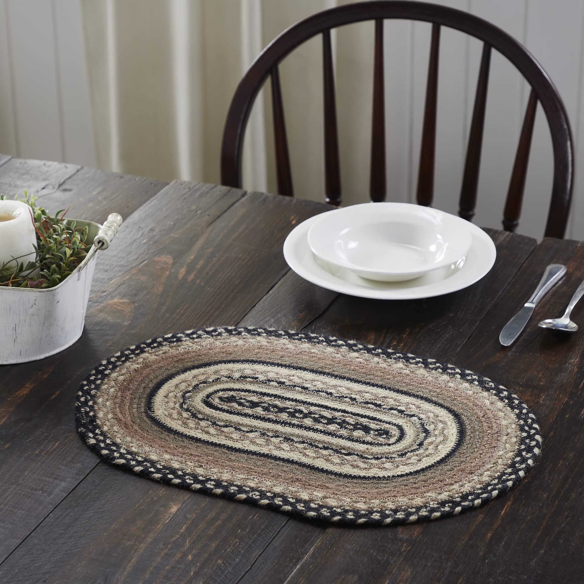 Sawyer Mill Braided Jute Oval Dining Table Placemat - Charcoal Creme 12x19 - Eco-Friendly Natural Fiber Table Decor for Farmhouse, Rustic & Coastal Dining Rooms
