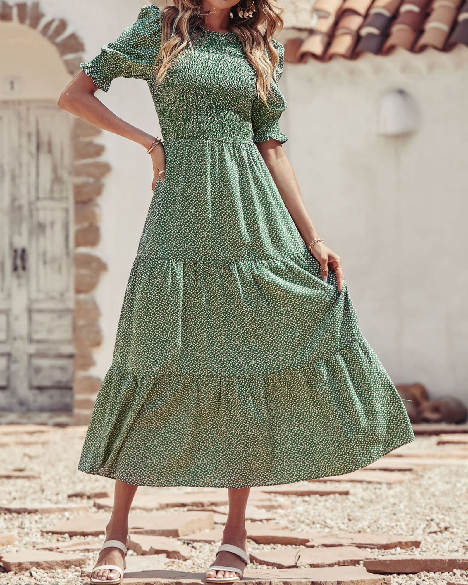 BTFBM Women's Casual Summer Floral Print Boho Maxi Dress - Crew Neck, Ruffle Short Sleeve, Smocked Waist, Flowy Design for Spring/Summer 2025 | Perfect for Beach Vacations, Date Nights & Boho Fashion Outfits