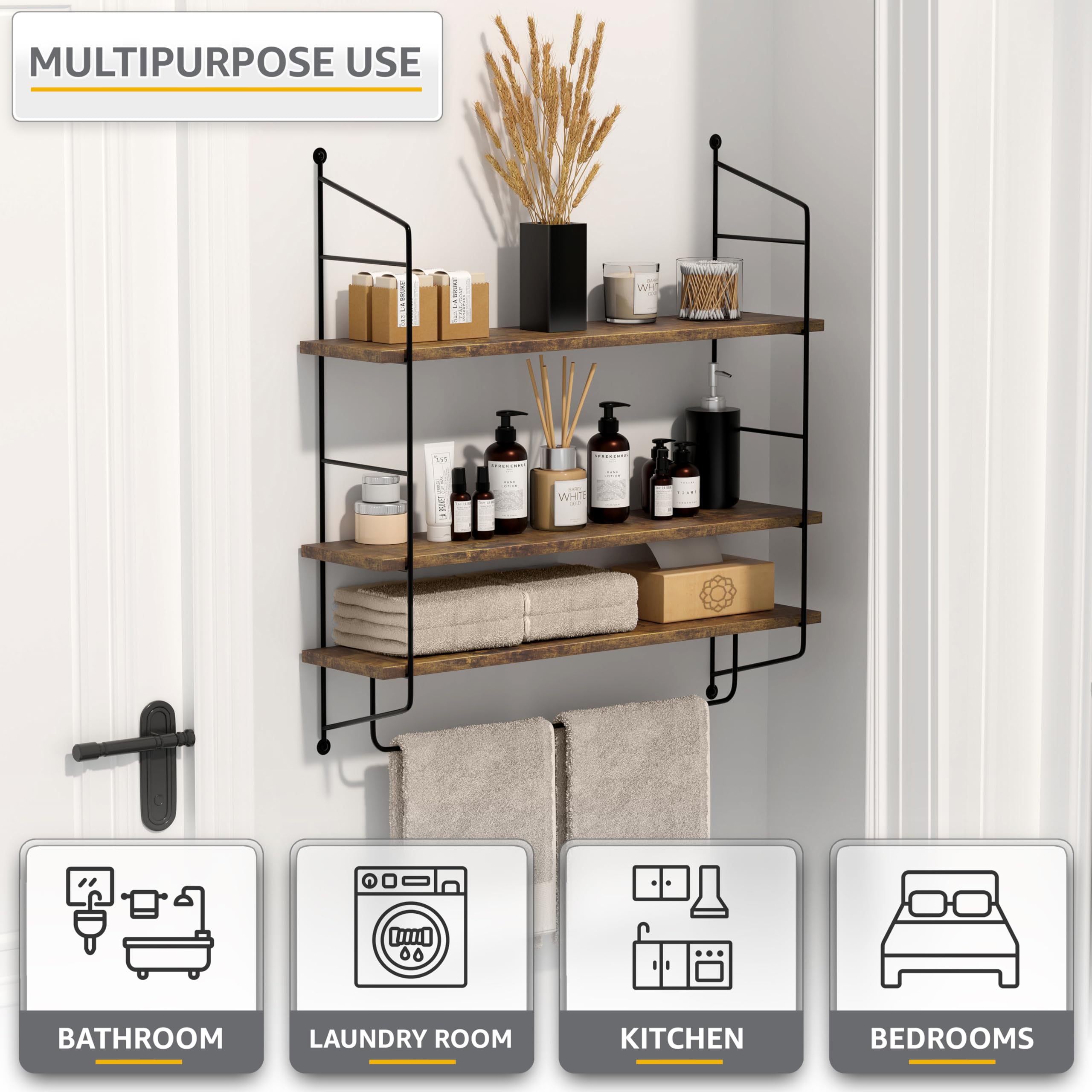 Sorbus 3-Tier Floating Wall Shelves - Rustic Brown Wood Bathroom Storage for Towels, Toiletries & Decor | Over The Toilet Organizer, Gaming Room & Home Decor | Space-Saving Solution for Small Bathrooms & Bedrooms