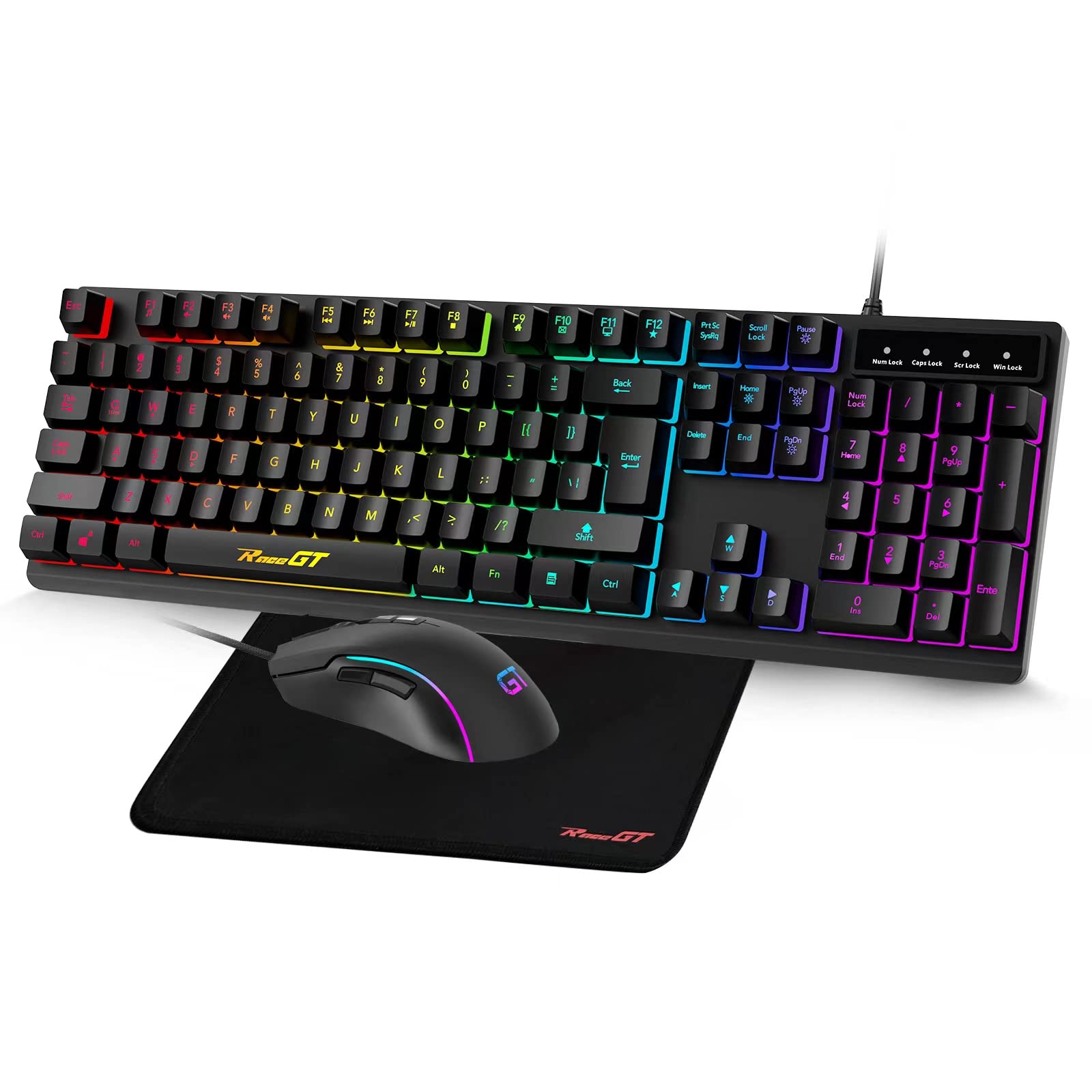 RaceGT 3-in-1 RGB Gaming Keyboard and Mouse Combo with Mouse Pad - Wired Mechanical Feel Keyboard, 6400DPI 7-Button Gaming Mouse - PC/Laptop Accessories for Esports, Streaming & Office Work